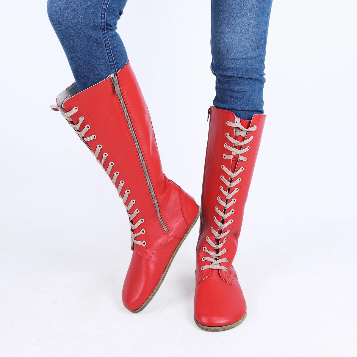 Smooth Barefoot Laces Knee Boots Shoes – Classic Sole — Leather Sole – Red