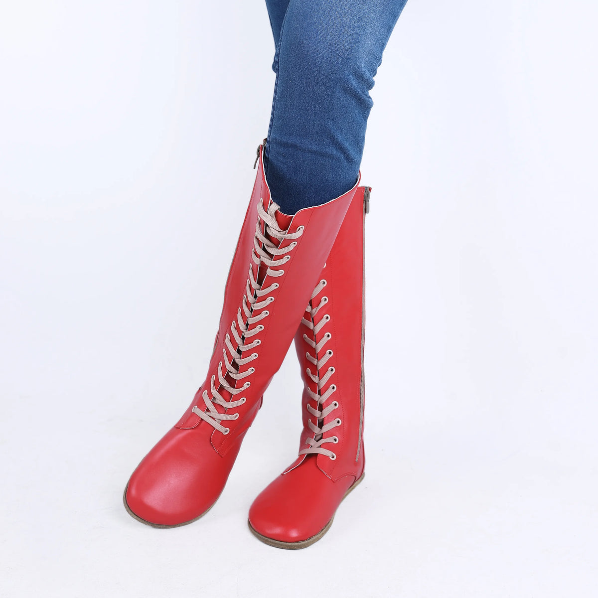 Smooth Barefoot Laces Knee Boots Shoes – Classic Sole — Leather Sole – Red