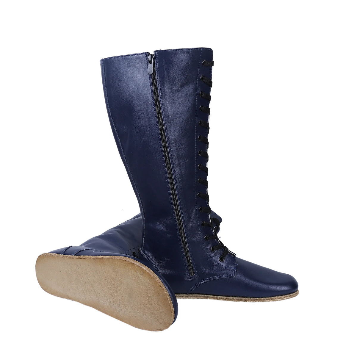 Smooth Barefoot Laces Knee Boots Shoes – Classic Sole — Leather Sole – Navy Blue