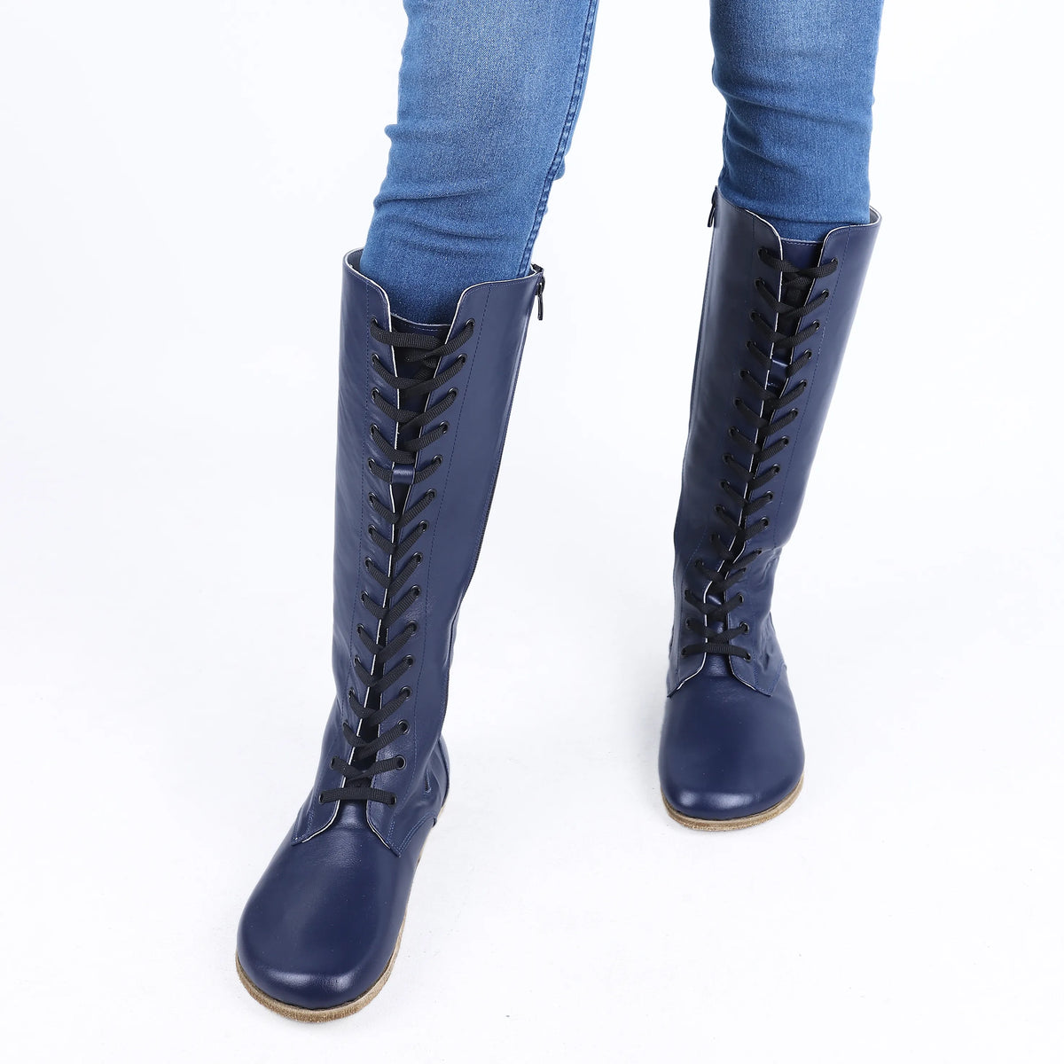 Smooth Barefoot Laces Knee Boots Shoes – Classic Sole — Leather Sole – Navy Blue