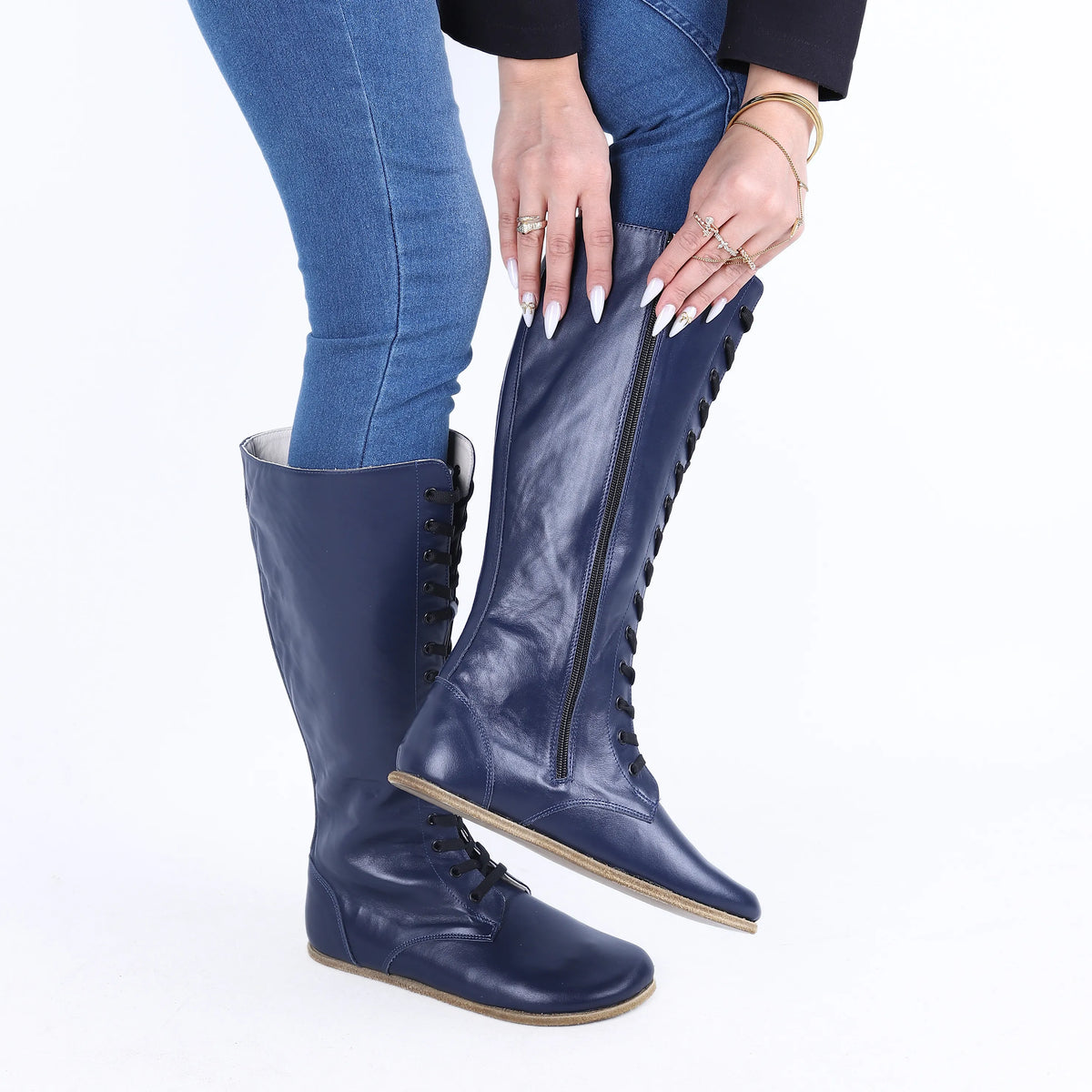Smooth Barefoot Laces Knee Boots Shoes – Classic Sole — Leather Sole – Navy Blue