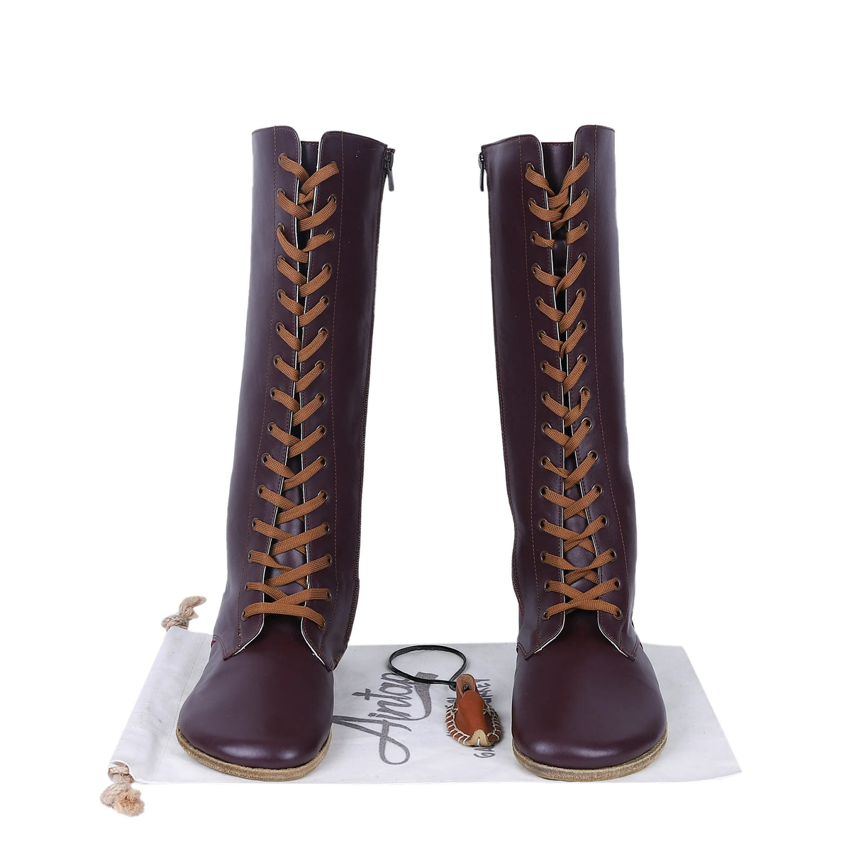 Smooth Barefoot Laces Knee Boots Shoes – Classic Sole — Leather Sole – Burgundy