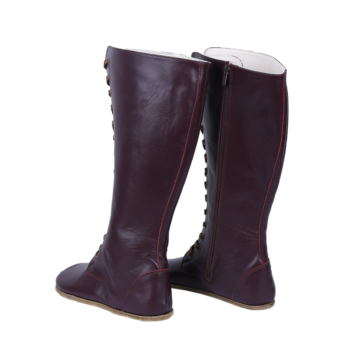 Smooth Barefoot Laces Knee Boots Shoes – Classic Sole — Leather Sole – Burgundy