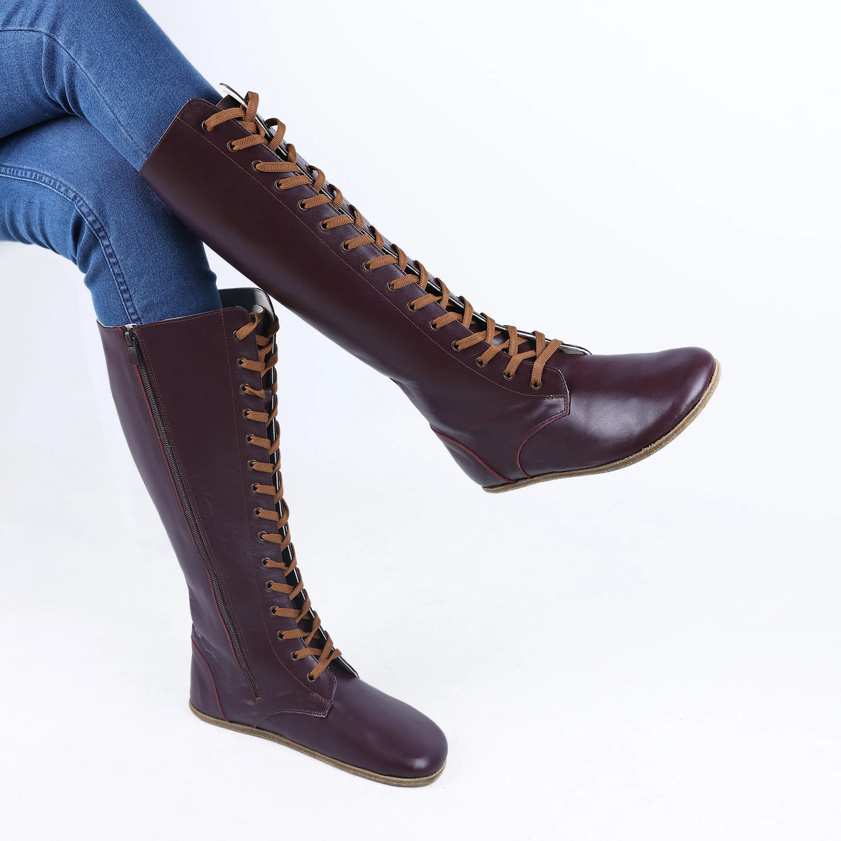 Smooth Barefoot Laces Knee Boots Shoes – Classic Sole — Leather Sole – Burgundy