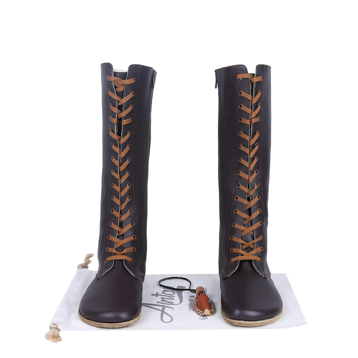 Smooth Barefoot Laces Knee Boots Shoes – Classic Sole — Leather Sole – Dark Brown