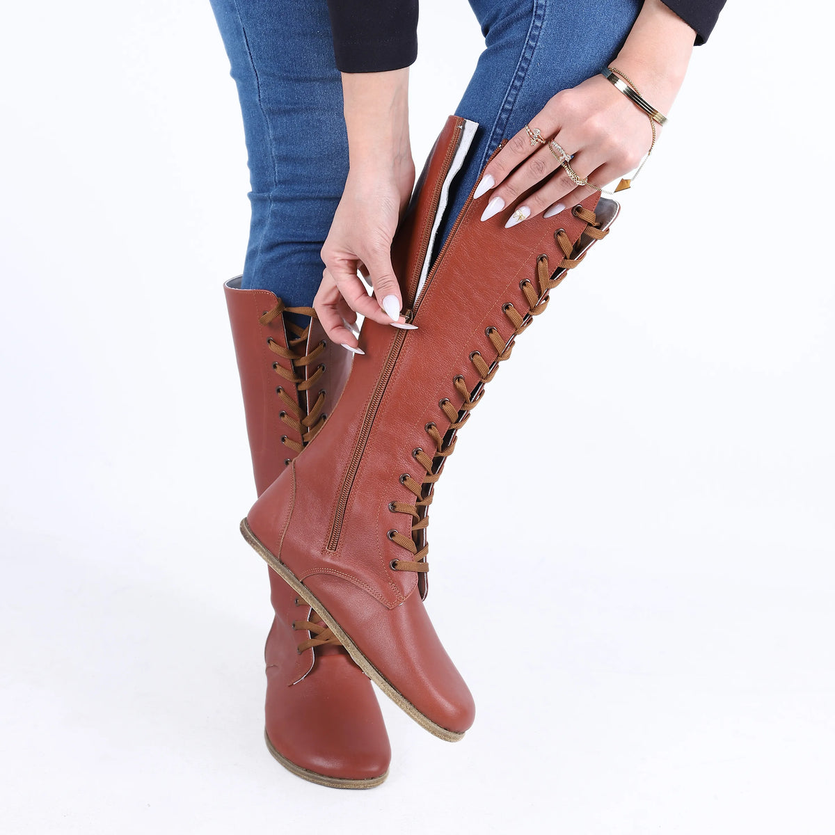 Smooth Barefoot Laces Knee Boots Shoes – Classic Sole — Leather Sole – Brown