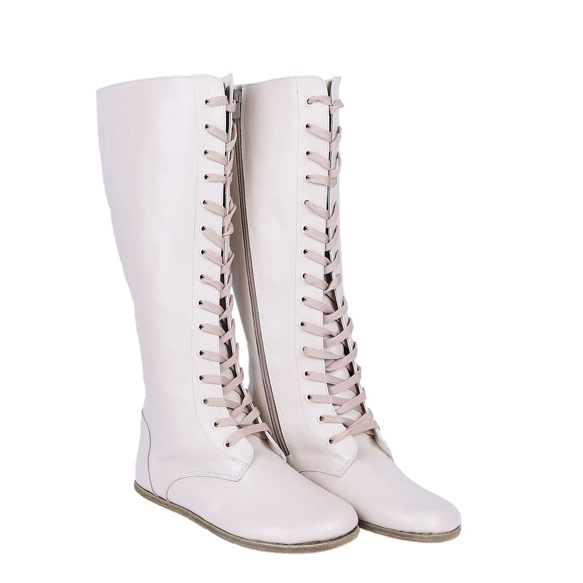 Smooth Barefoot Laces Knee Boots Shoes – Classic Sole — Leather Sole – Cream