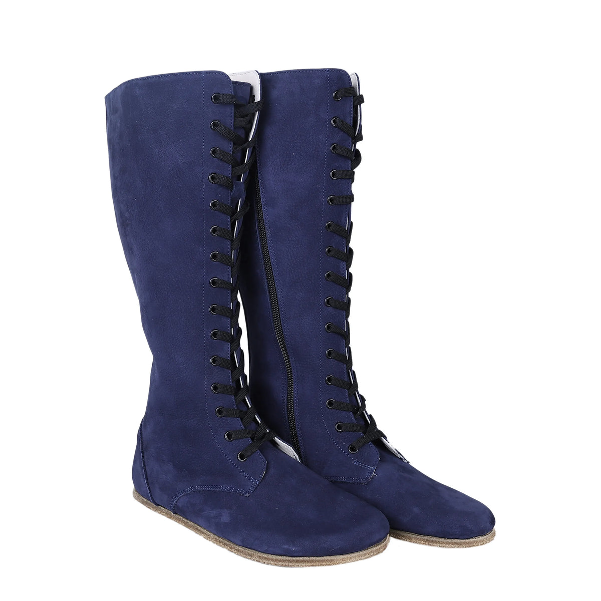 Nubuck Barefoot Laces Knee Boots Shoes – Classic Sole — Leather Sole – Navy Blue