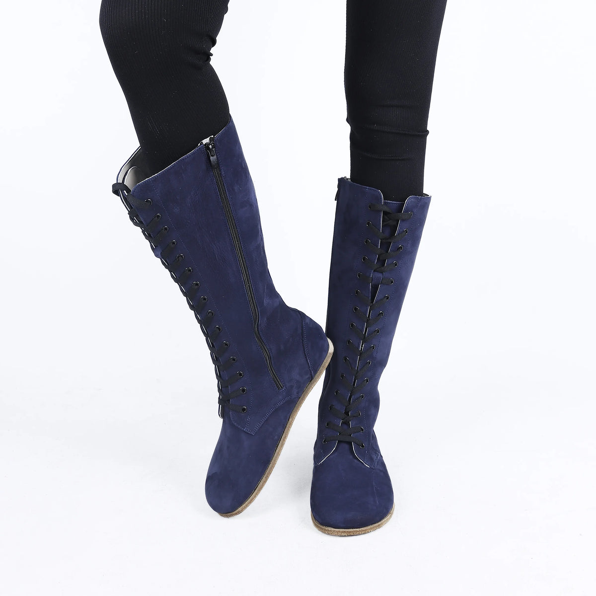Nubuck Barefoot Laces Knee Boots Shoes – Classic Sole — Leather Sole – Navy Blue