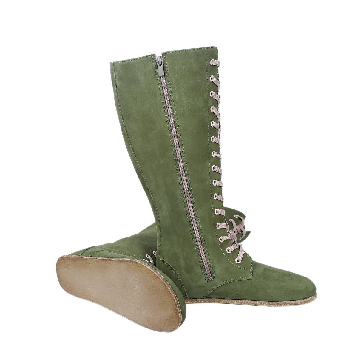Nubuck Barefoot Laces Knee Boots Shoes – Classic Sole — Leather Sole – Green