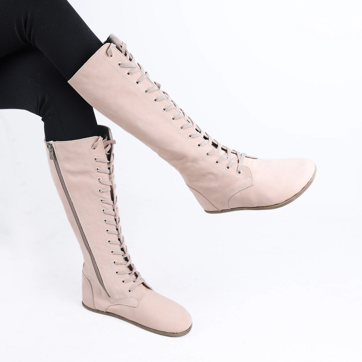 Nubuck Barefoot Laces Knee Boots Shoes – Classic Sole — Leather Sole – Cream