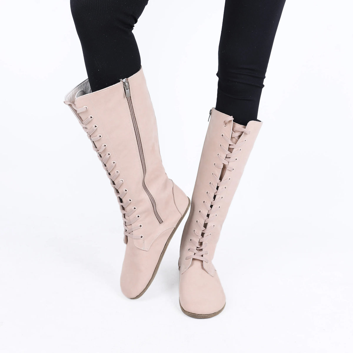 Nubuck Barefoot Laces Knee Boots Shoes – Classic Sole — Leather Sole – Cream