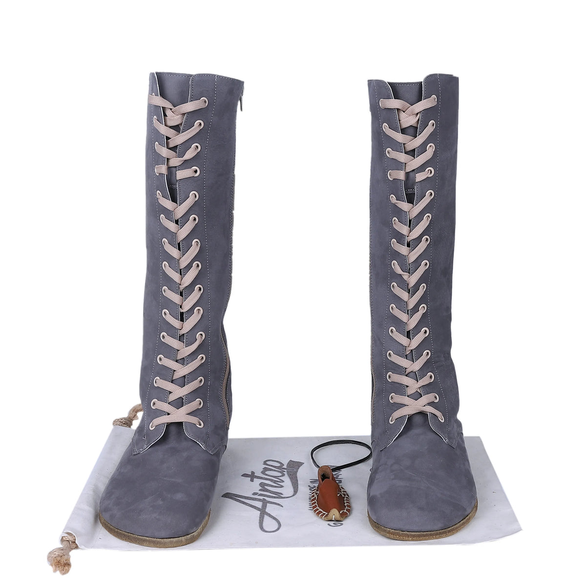Nubuck Barefoot Laces Knee Boots Shoes – Classic Sole — Leather Sole – Gray