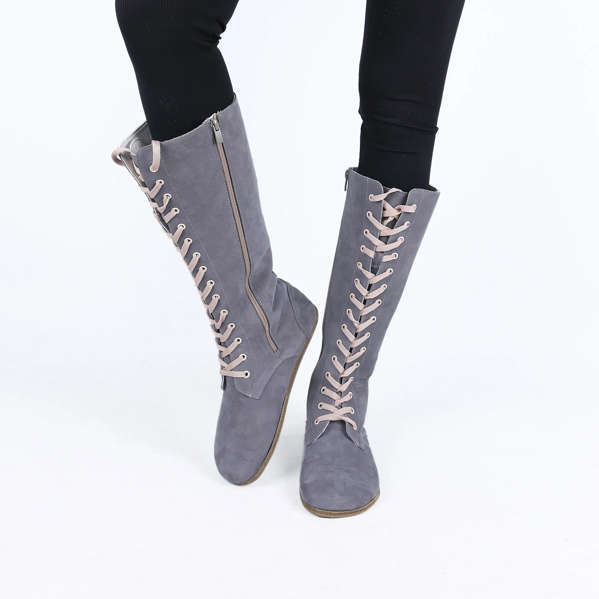 Nubuck Barefoot Laces Knee Boots Shoes – Classic Sole — Leather Sole – Gray