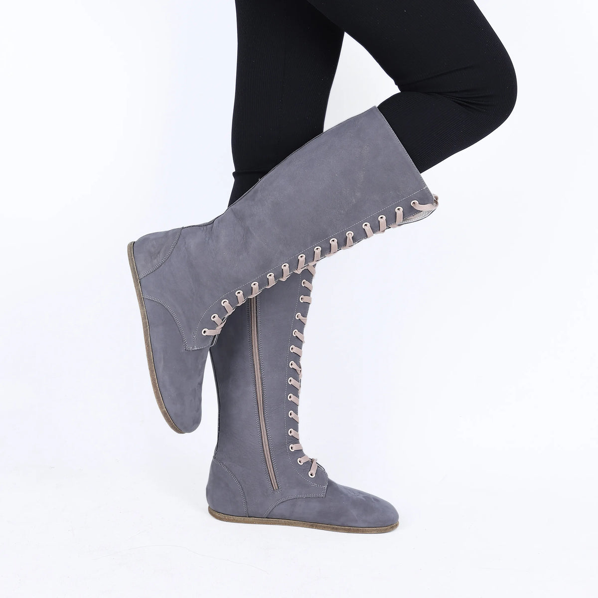 Nubuck Barefoot Laces Knee Boots Shoes – Classic Sole — Leather Sole – Gray