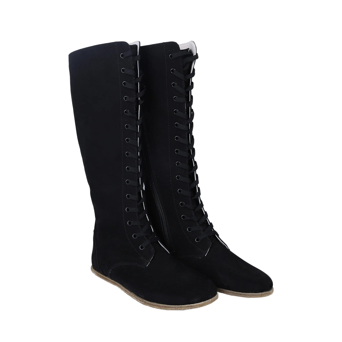 Nubuck Barefoot Laces Knee Boots Shoes – Classic Sole — Leather Sole – Black