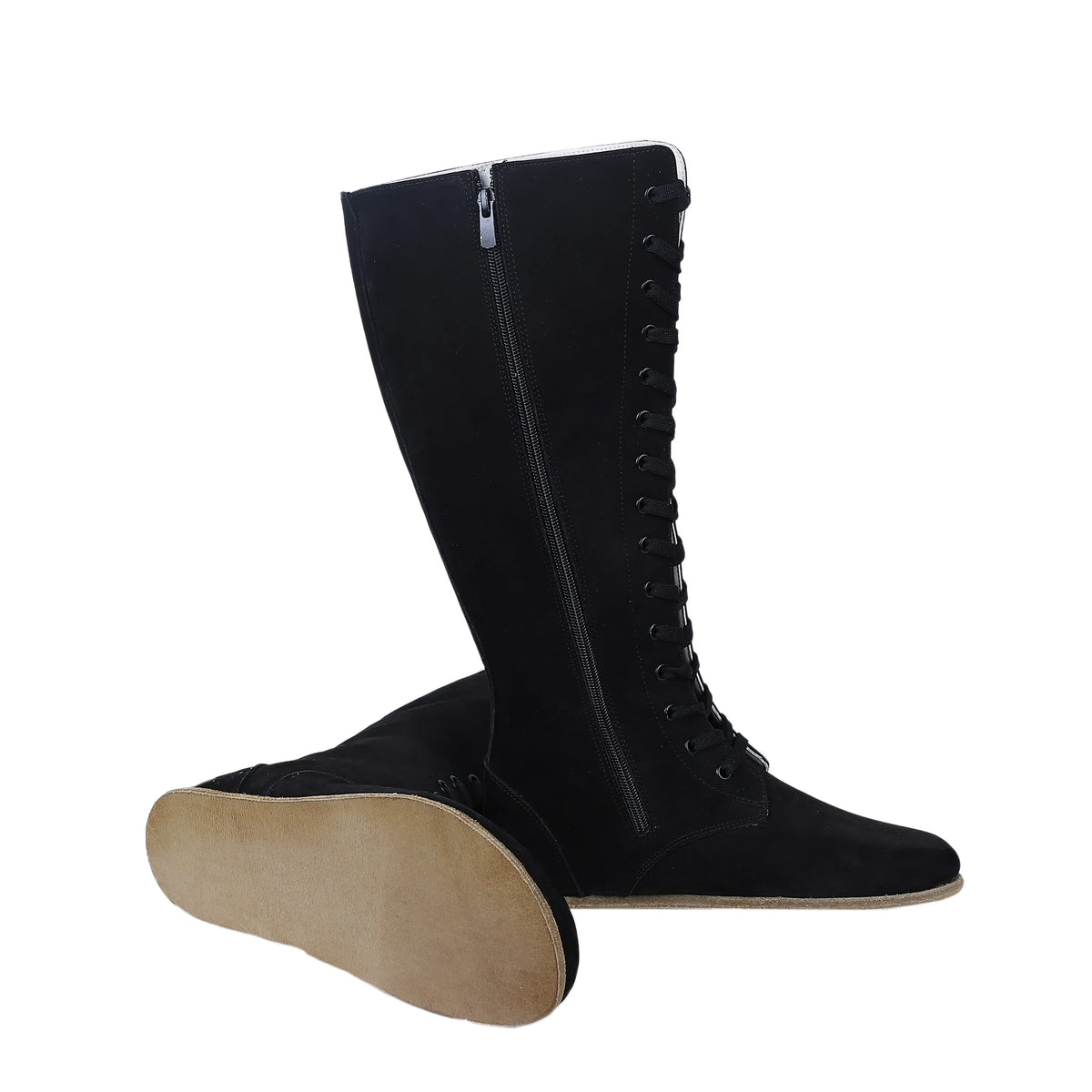 Nubuck Barefoot Laces Knee Boots Shoes – Classic Sole — Leather Sole – Black