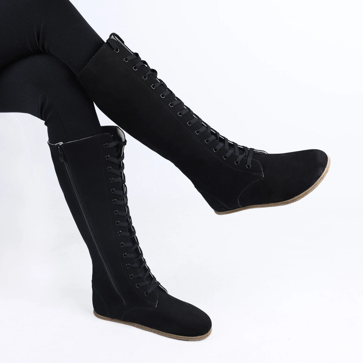 Nubuck Barefoot Laces Knee Boots Shoes – Classic Sole — Leather Sole – Black