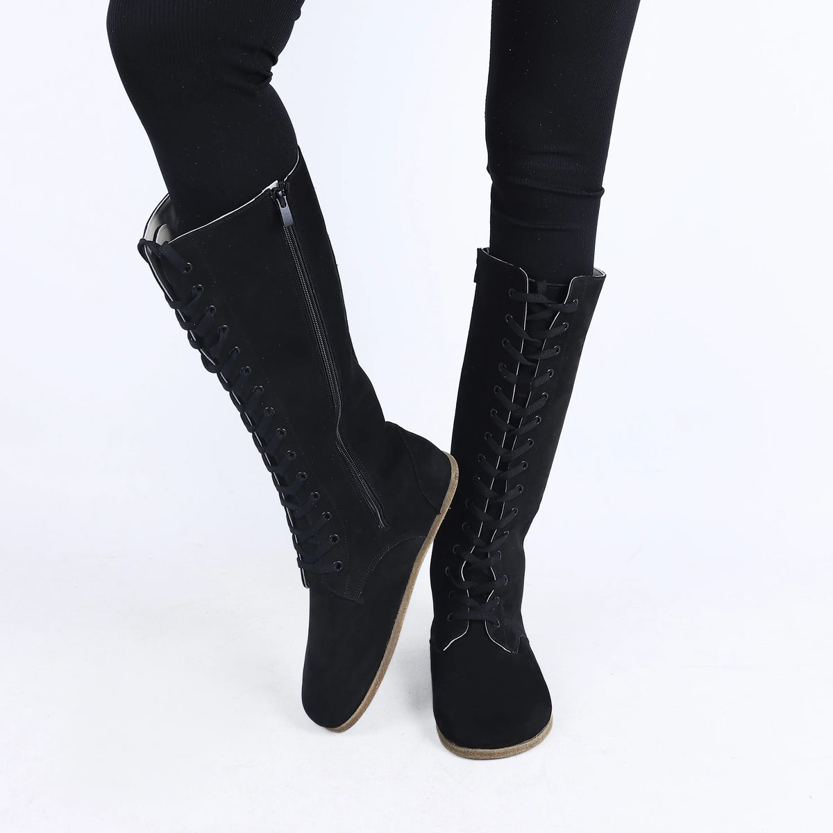 Nubuck Barefoot Laces Knee Boots Shoes – Classic Sole — Leather Sole – Black