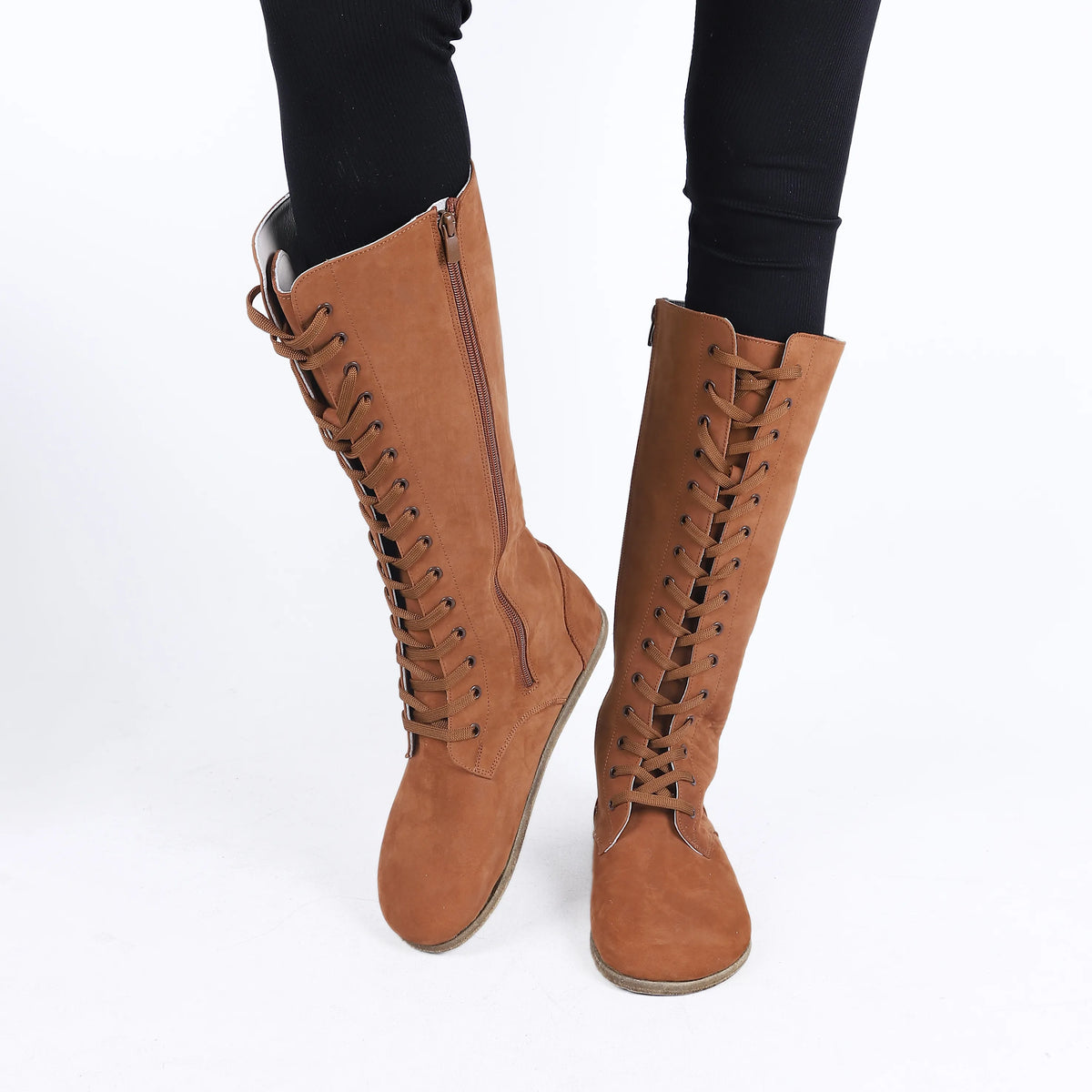 Nubuck Barefoot Laces Knee Boots Shoes – Classic Sole — Leather Sole – Tan