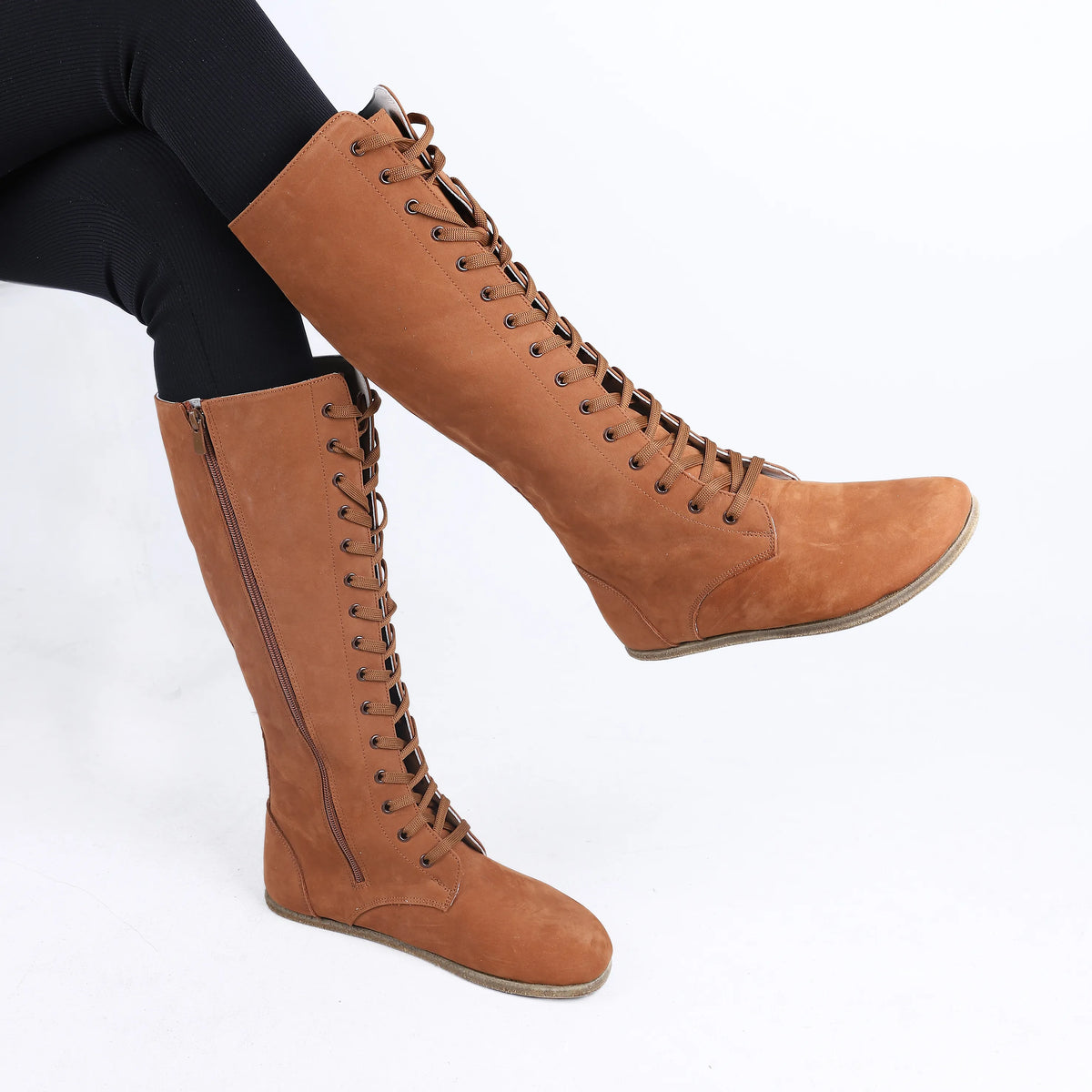 Nubuck Barefoot Laces Knee Boots Shoes – Classic Sole — Leather Sole – Tan