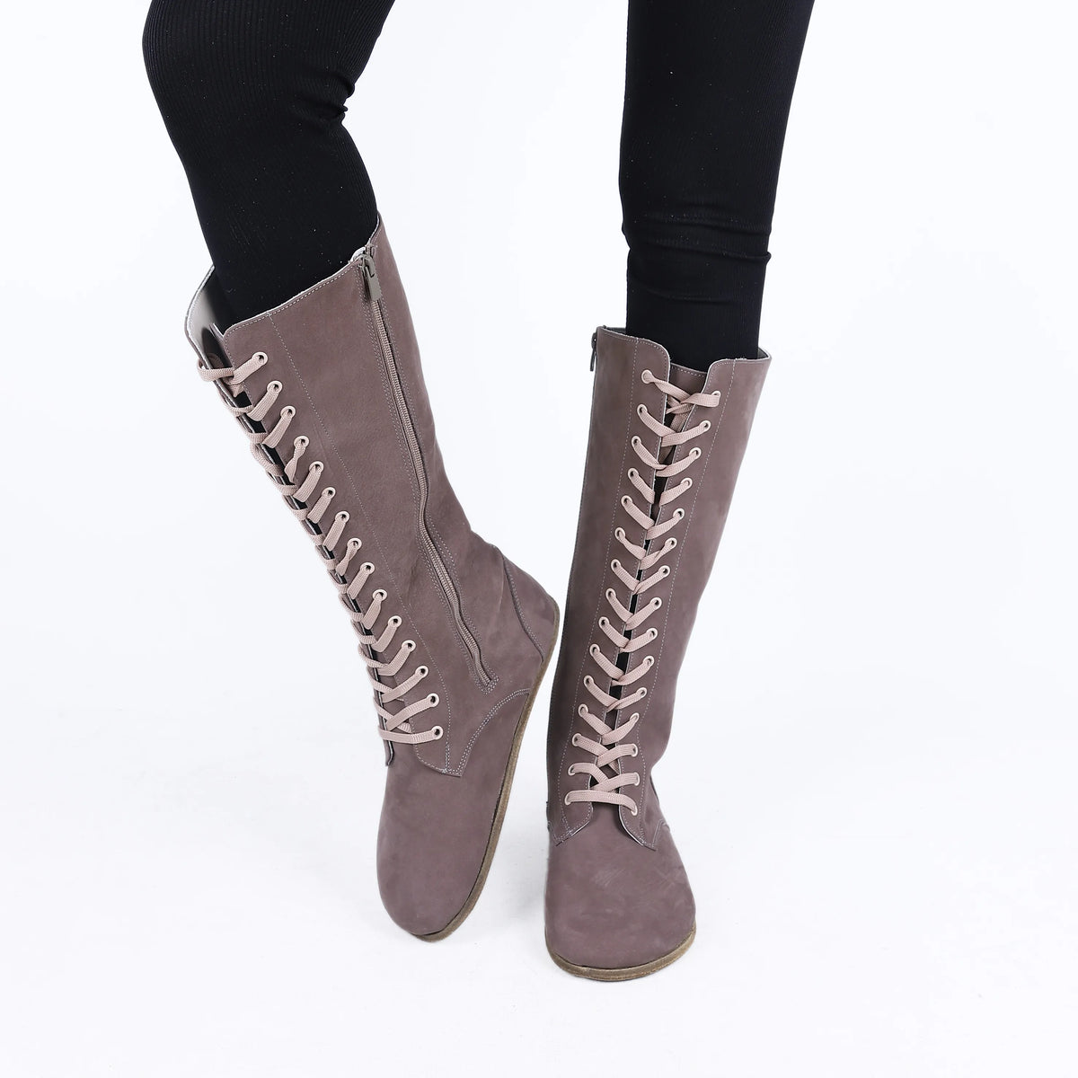 Nubuck Barefoot Laces Knee Boots Shoes – Classic Sole — Leather Sole – Smoked