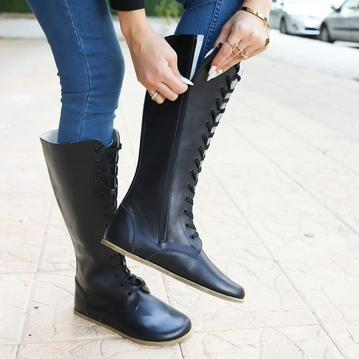 Smooth Barefoot Laces Knee Boots Shoes – Classic Sole — Leather Sole – Black
