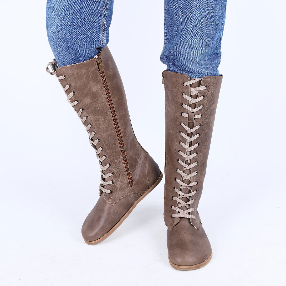 Crazy Barefoot Lace Knee Boots Shoes – Eva Outsole – Beige Bizon