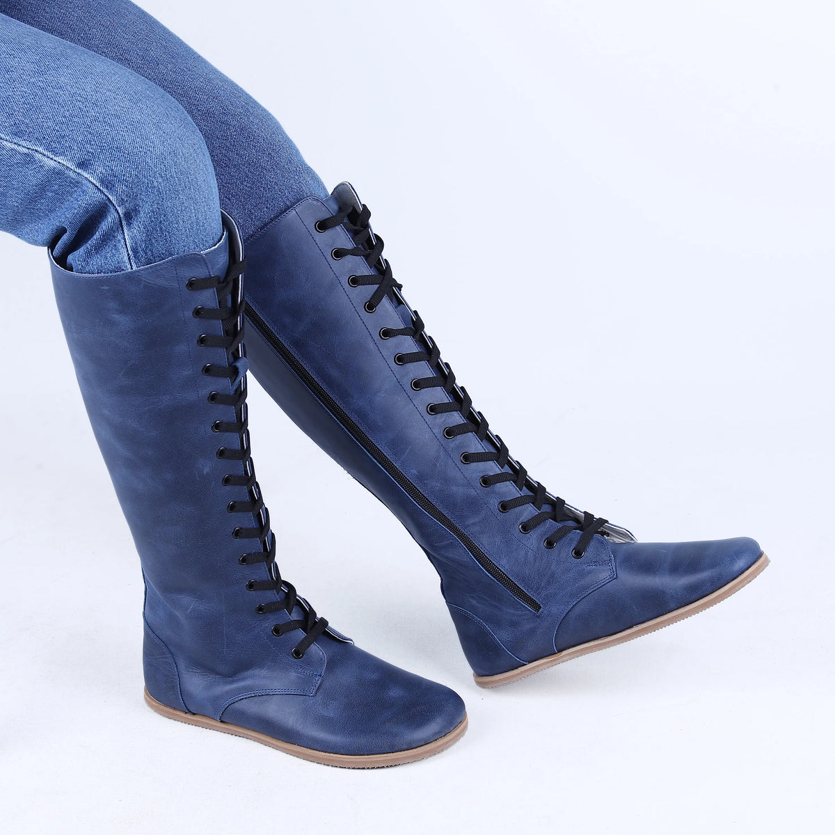 Crazy Barefoot Lace Knee Boots Shoes – Eva Outsole – Navy Blue