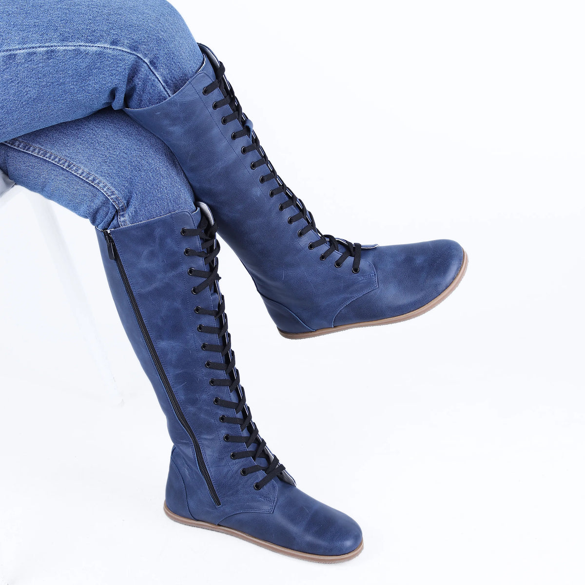 Crazy Barefoot Lace Knee Boots Shoes – Eva Outsole – Navy Blue
