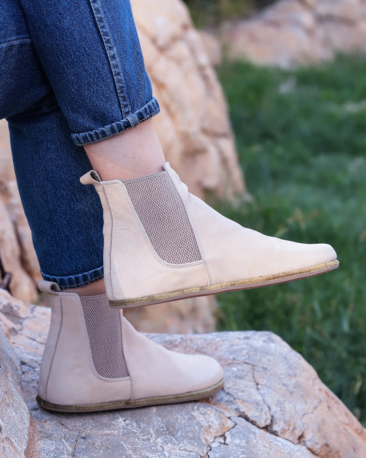 Nubuck Barefoot Chelsea Boots Shoes – Classic Sole — Leather Sole – Cream