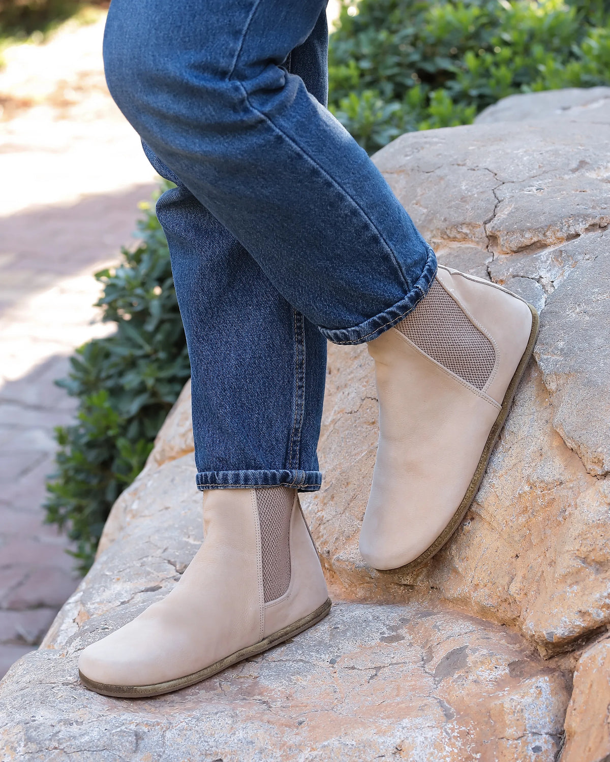 Nubuck Barefoot Chelsea Boots Shoes – Classic Sole — Leather Sole – Cream