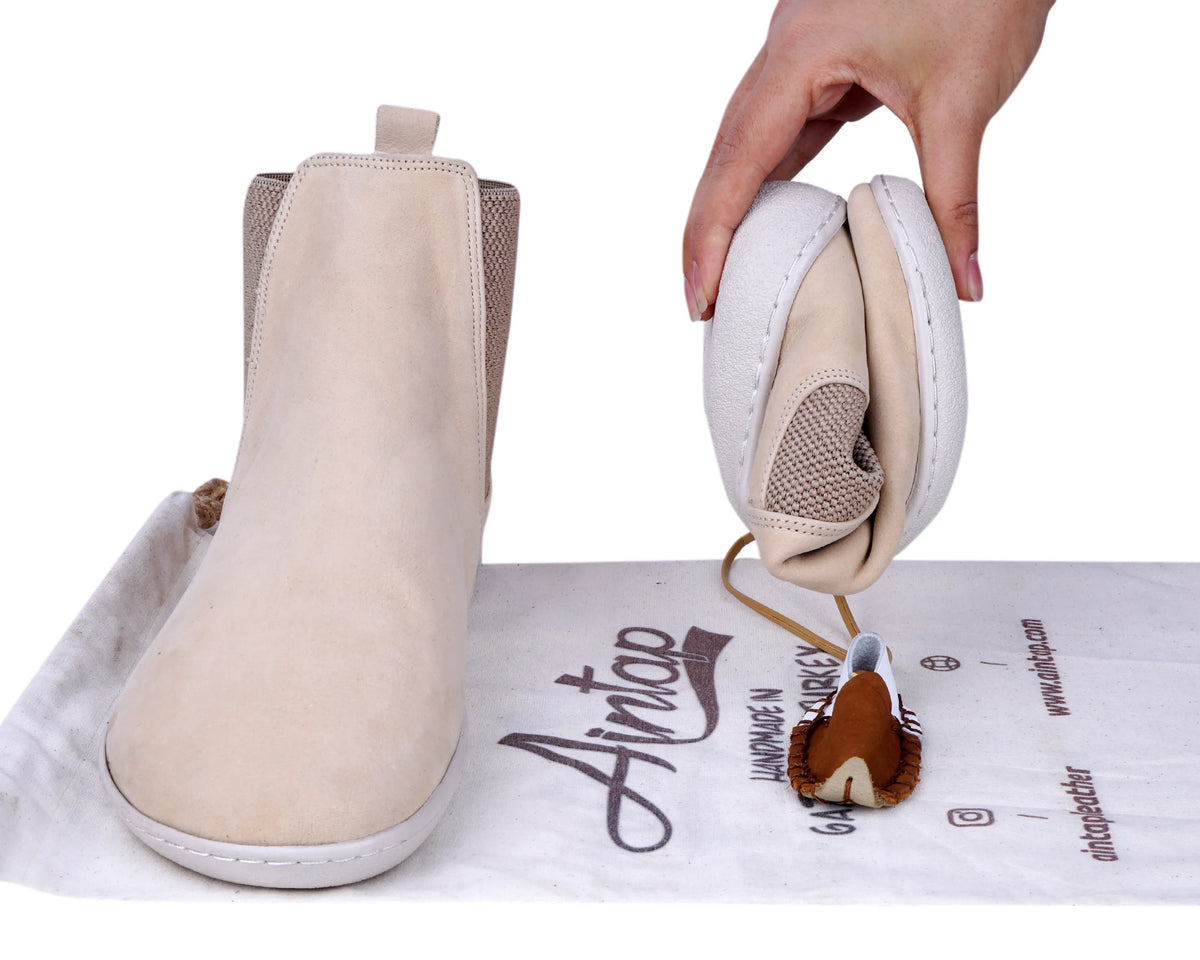 Nubuck Barefoot Chelsea Boots Shoes – 6mm Rubber Sole – Cream