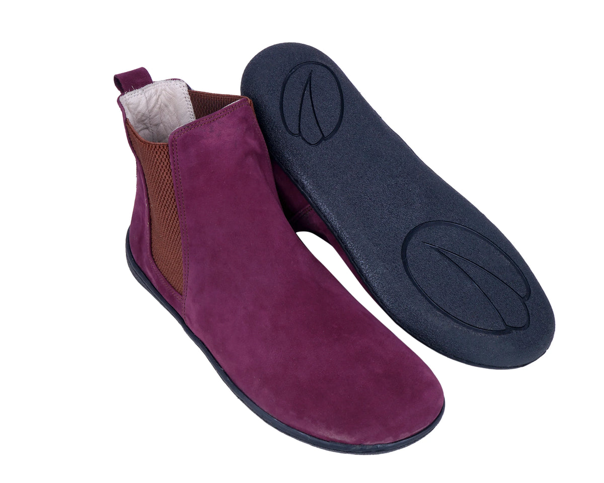 Nubuck Barefoot Chelsea Boots Shoes – 6mm Rubber Sole – Burgundy