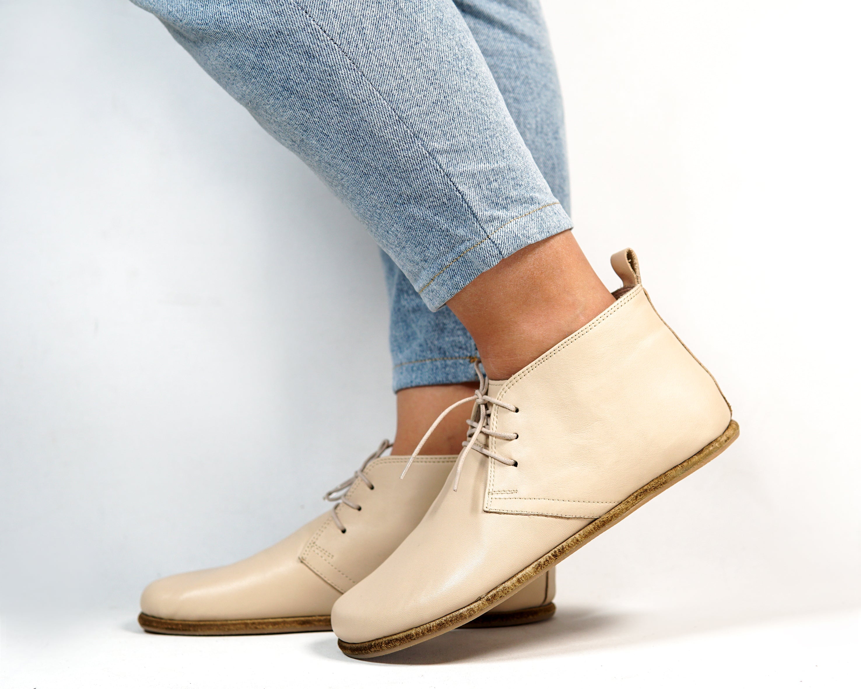 Cream Ankle Boots Wide Barefoot Smooth Leather Handmade Shoes 