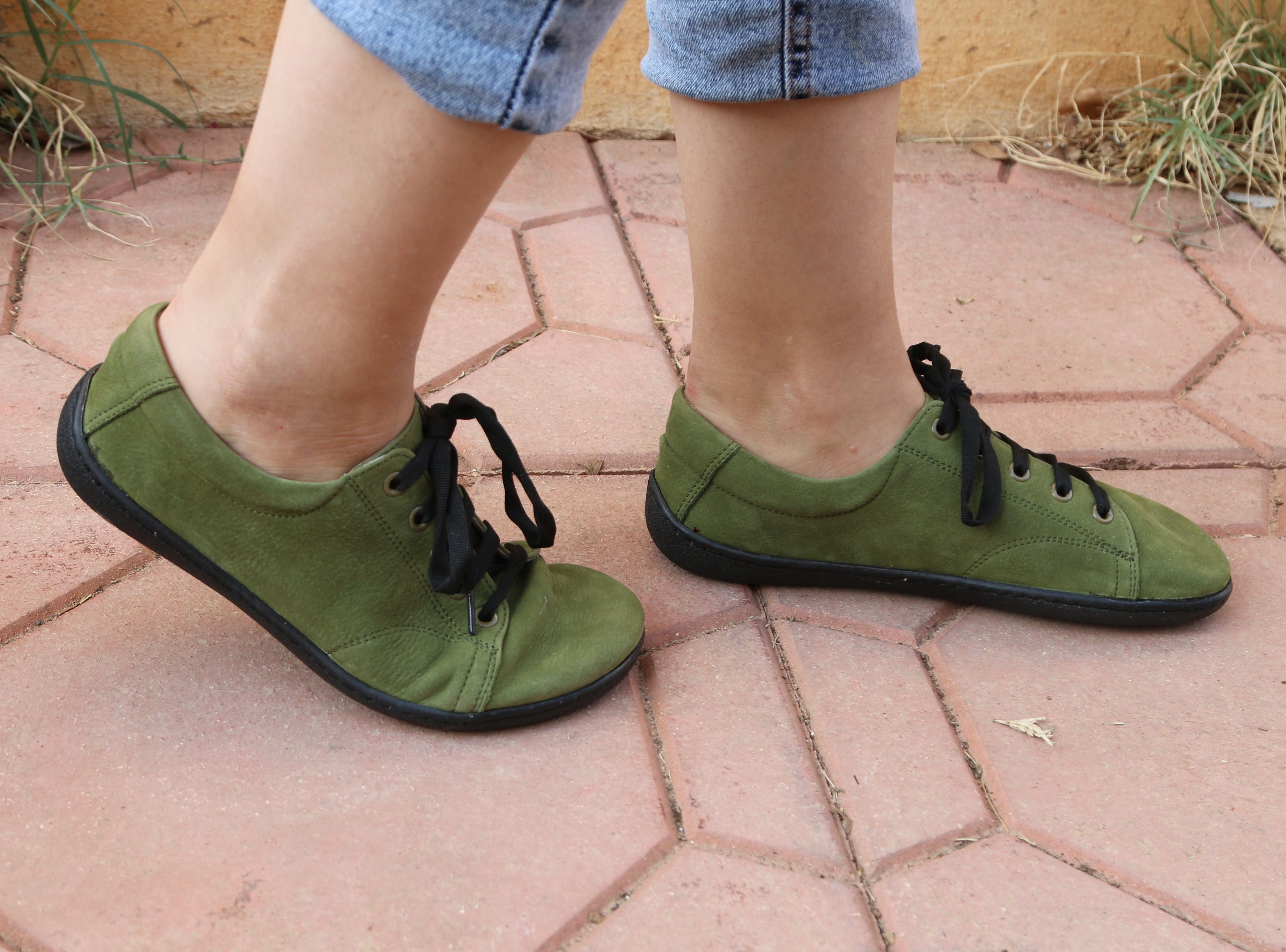 Green SNEAKER Wide Barefoot Shoes Nubuck Leather Handmade 6mm Rubber Outsole 