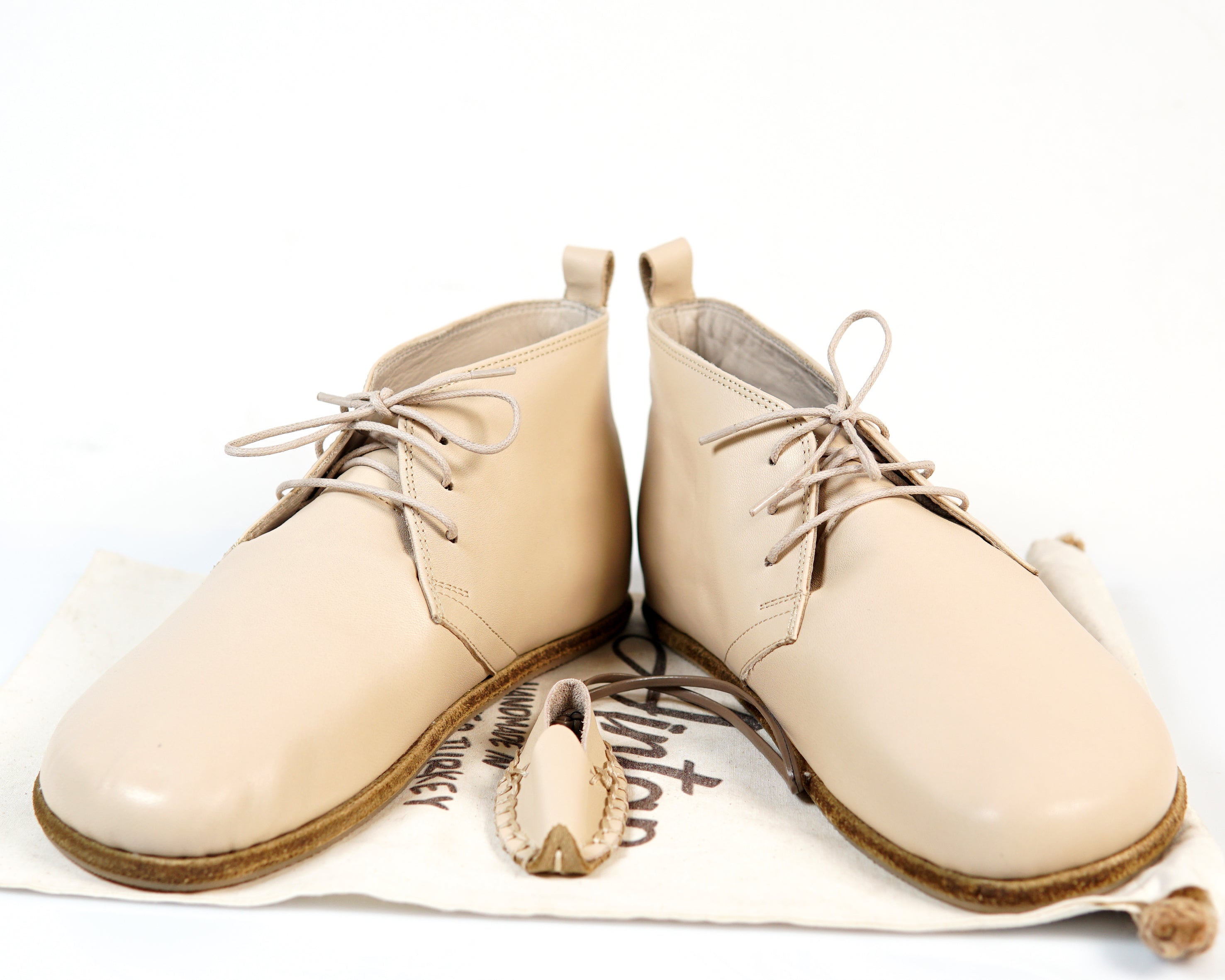 Cream Ankle Boots Wide Barefoot Smooth Leather Handmade Shoes 