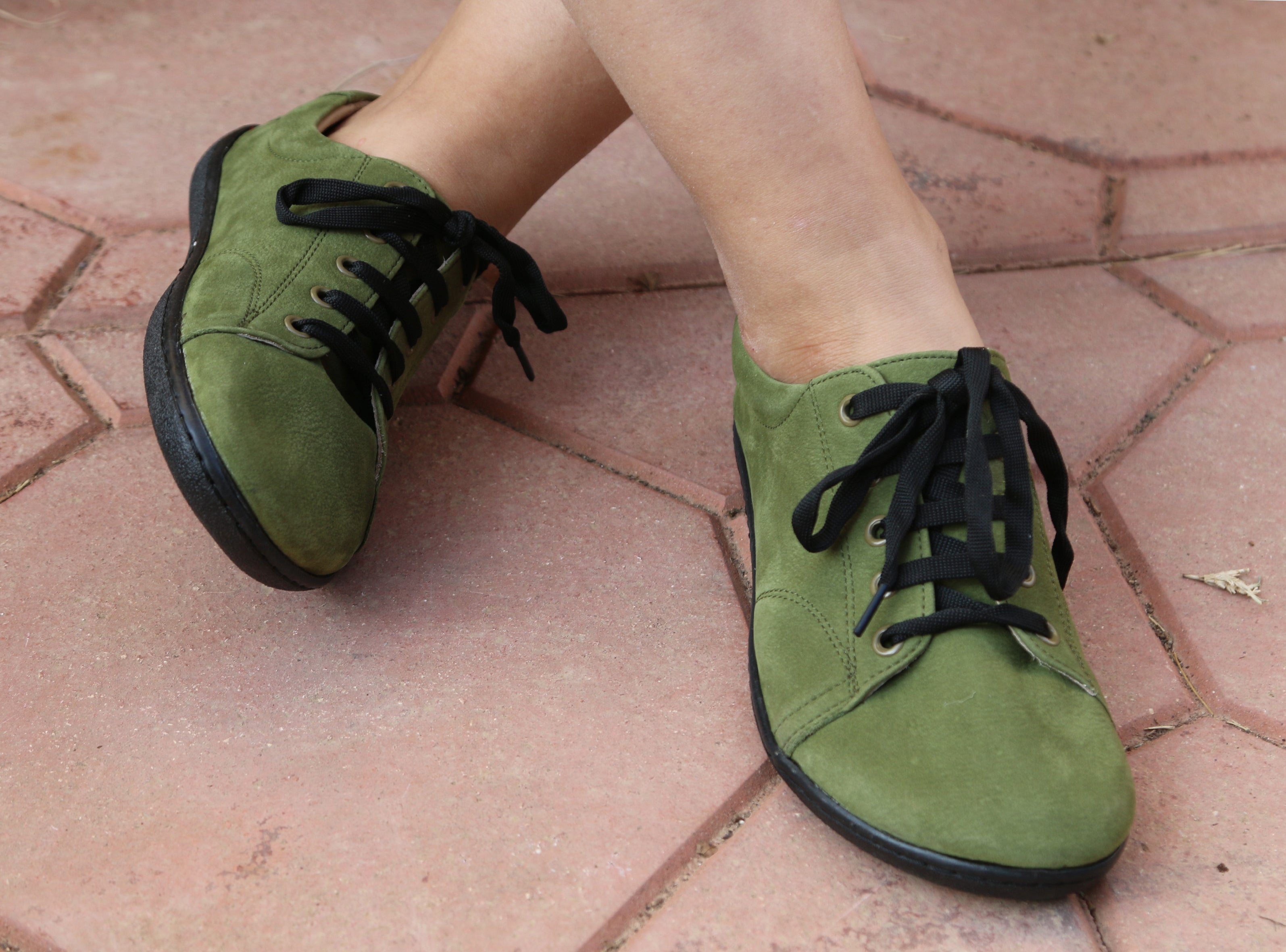 Green SNEAKER Wide Barefoot Shoes Nubuck Leather Handmade 6mm Rubber Outsole