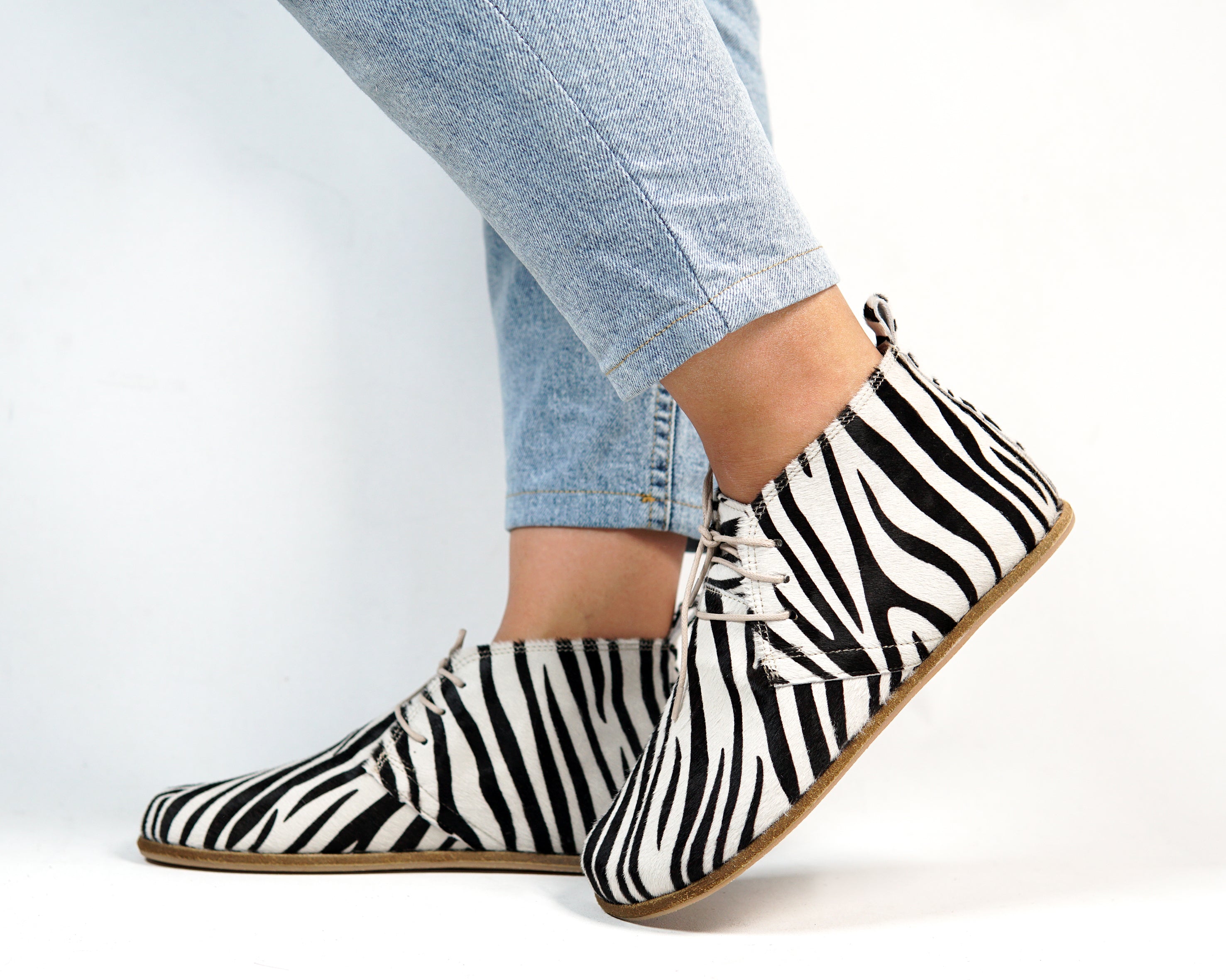 Zebra Ankle Boots Wide Barefoot Smooth Leather Handmade Shoes