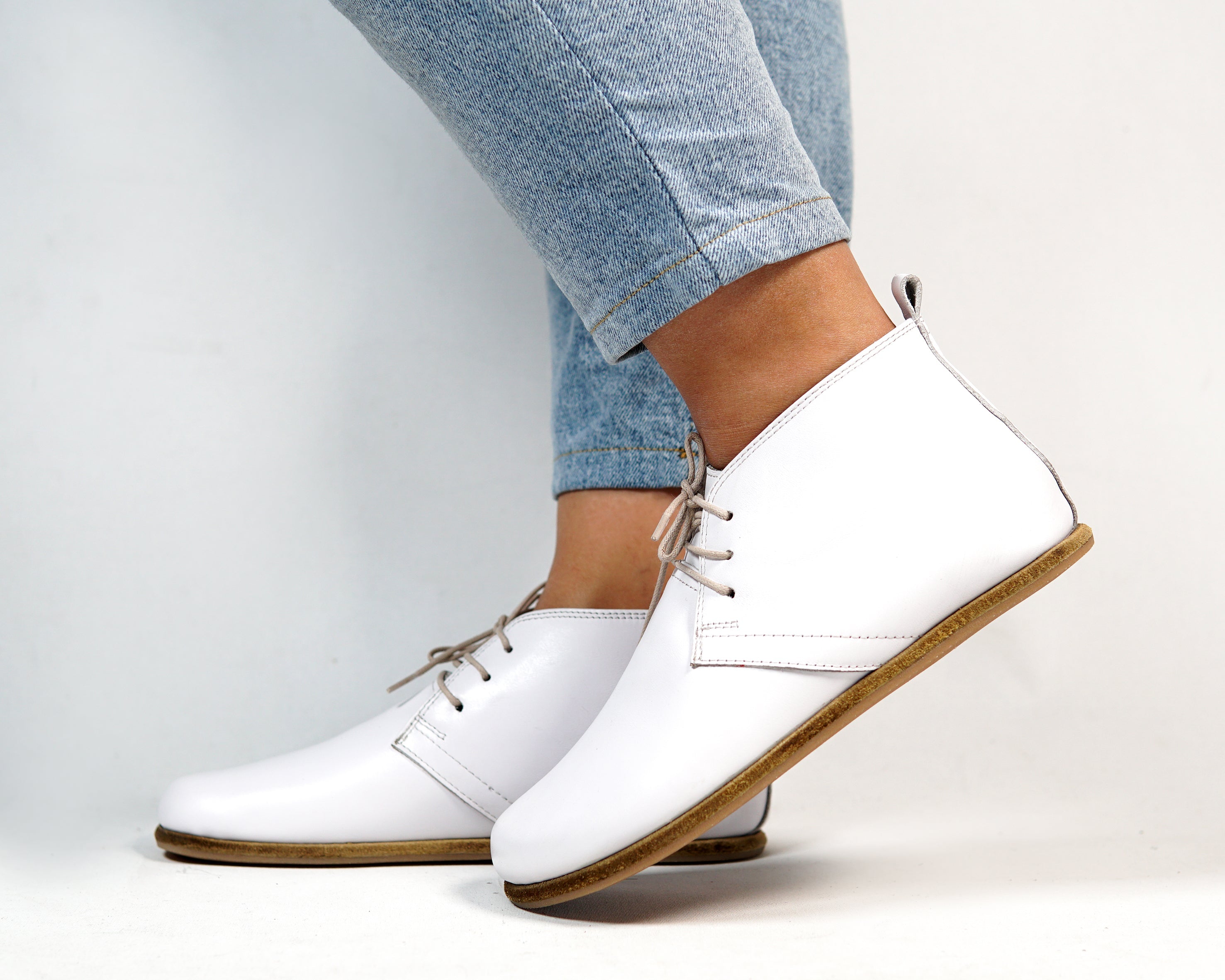 White Ankle Boots Wide Barefoot Smooth Leather Handmade Shoes 
