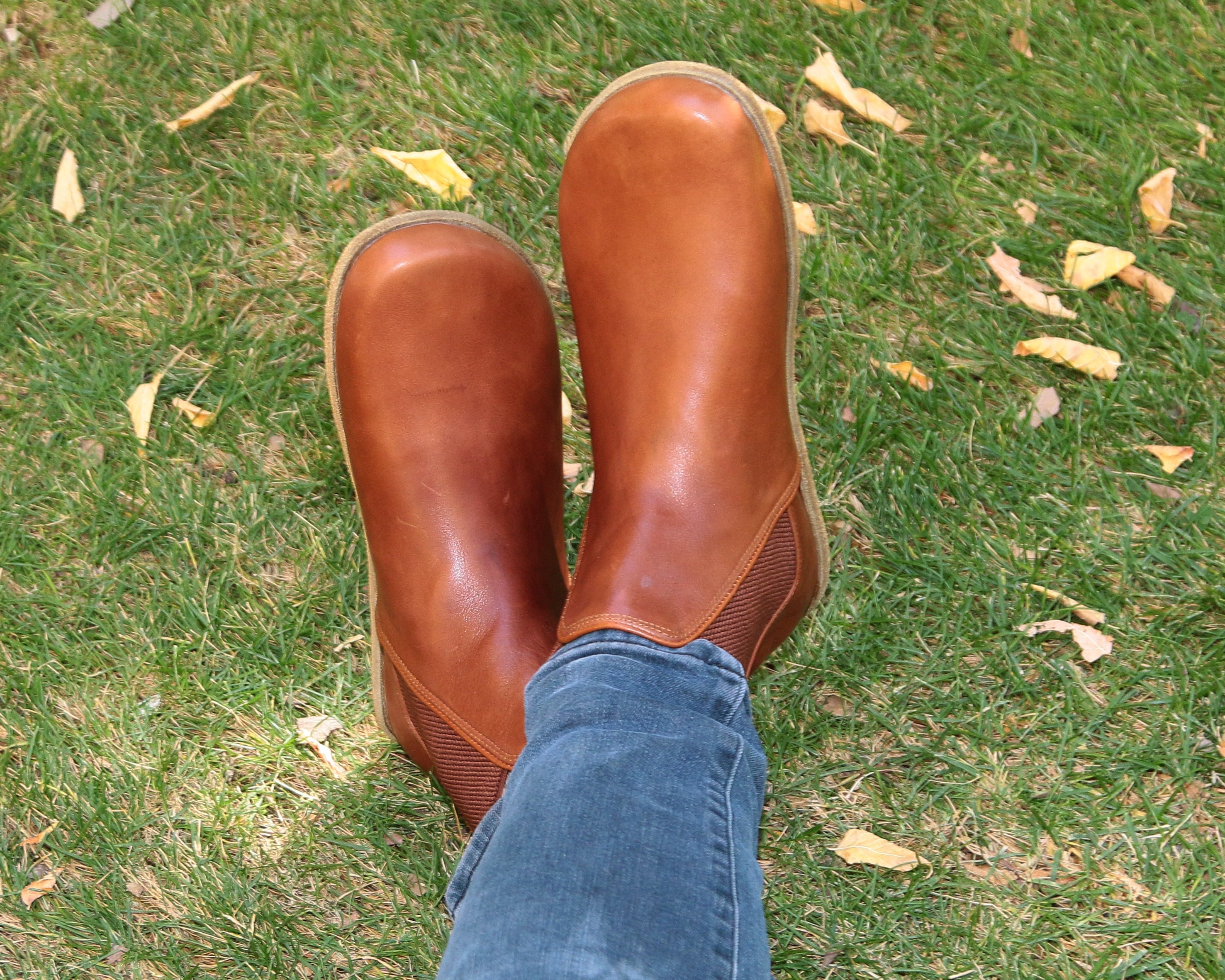 Brown Chelsea Boots Wide Barefoot Smooth Leather Handmade Shoes 