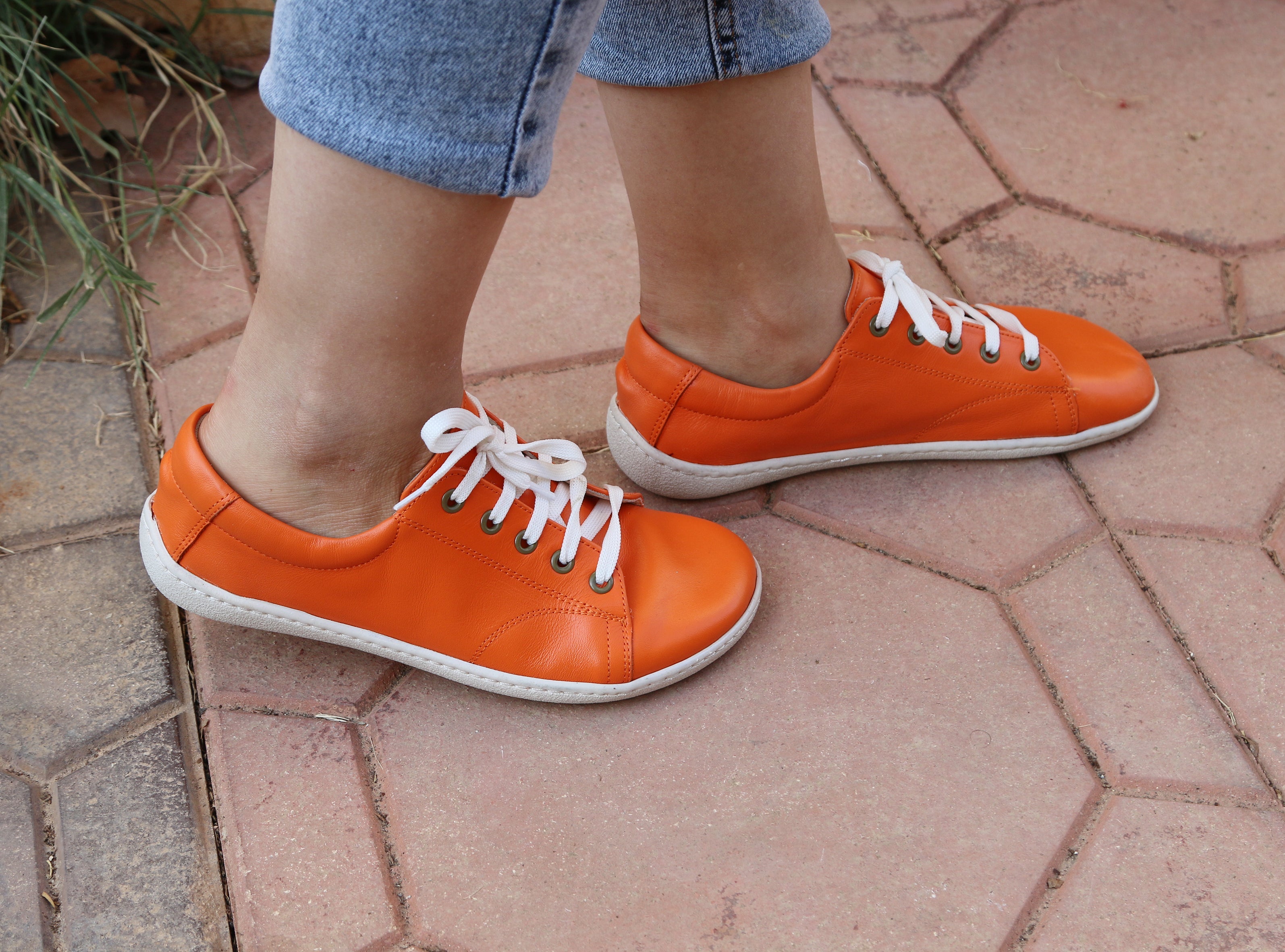 Orange SNEAKER Wide Barefoot Shoes Smooth Leather Handmade 6mm Rubber Outsole 