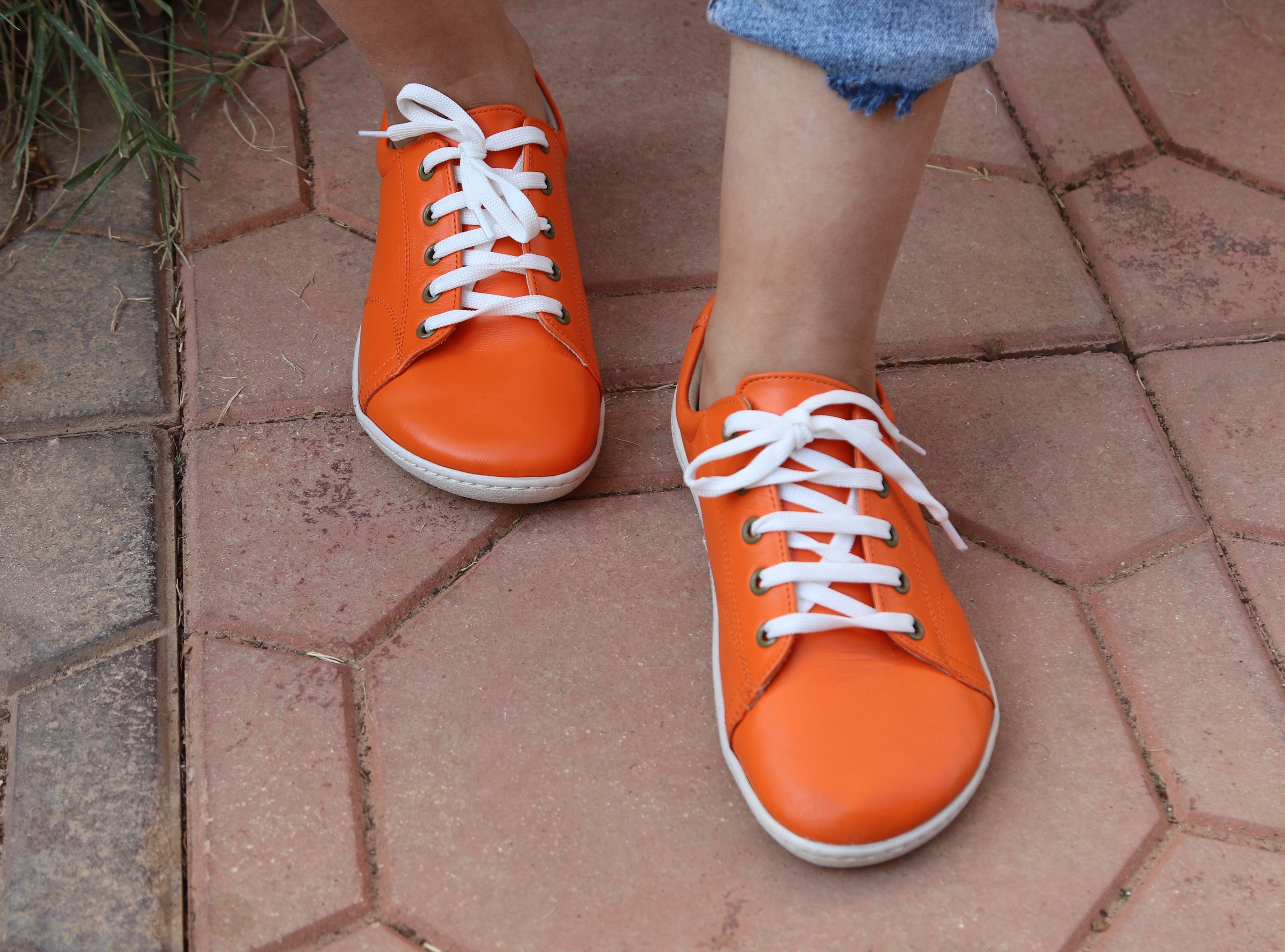 Orange SNEAKER Wide Barefoot Shoes Smooth Leather Handmade 6mm Rubber Outsole 