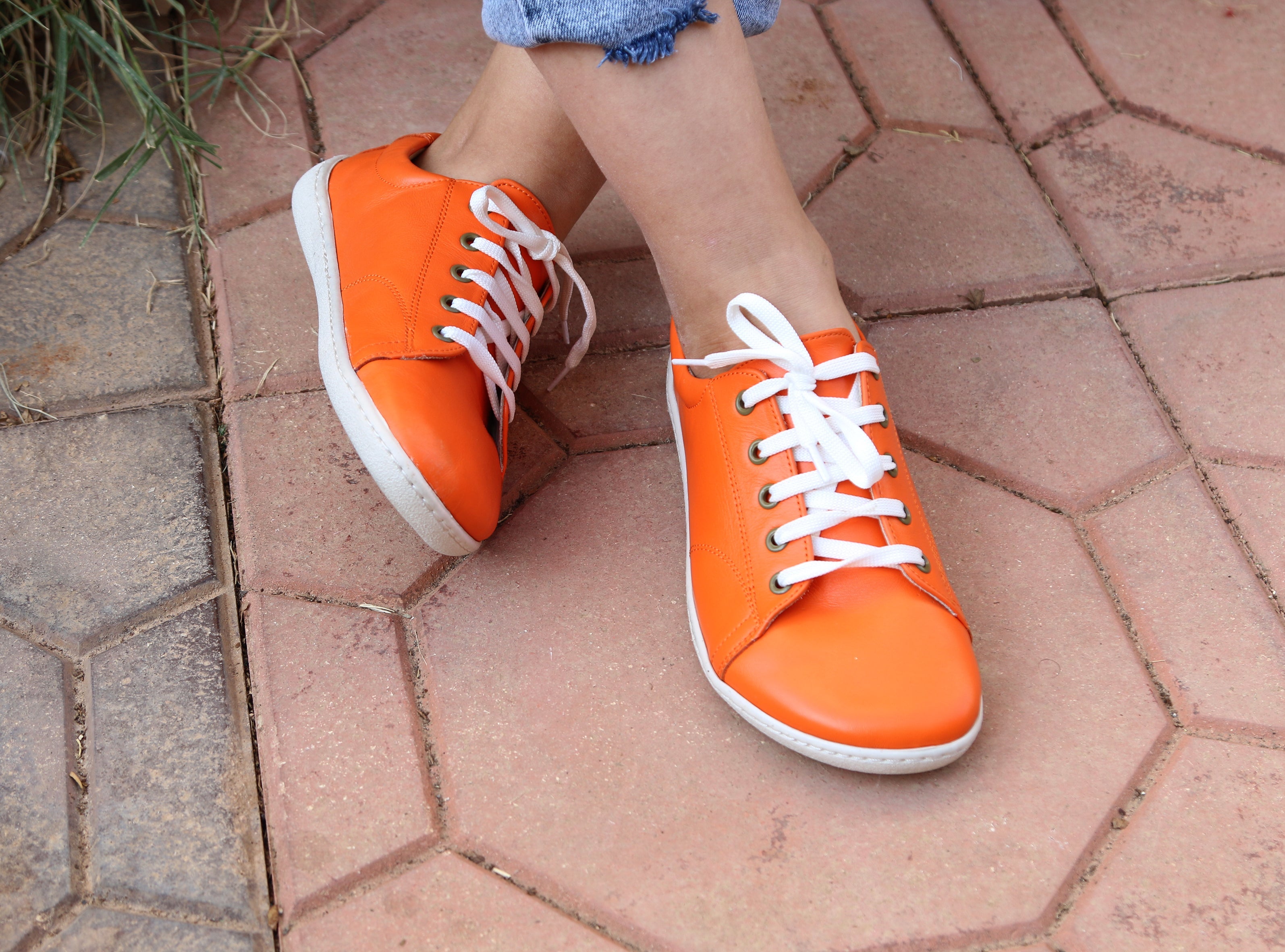 Orange SNEAKER Wide Barefoot Shoes Smooth Leather Handmade 6mm Rubber Outsole 