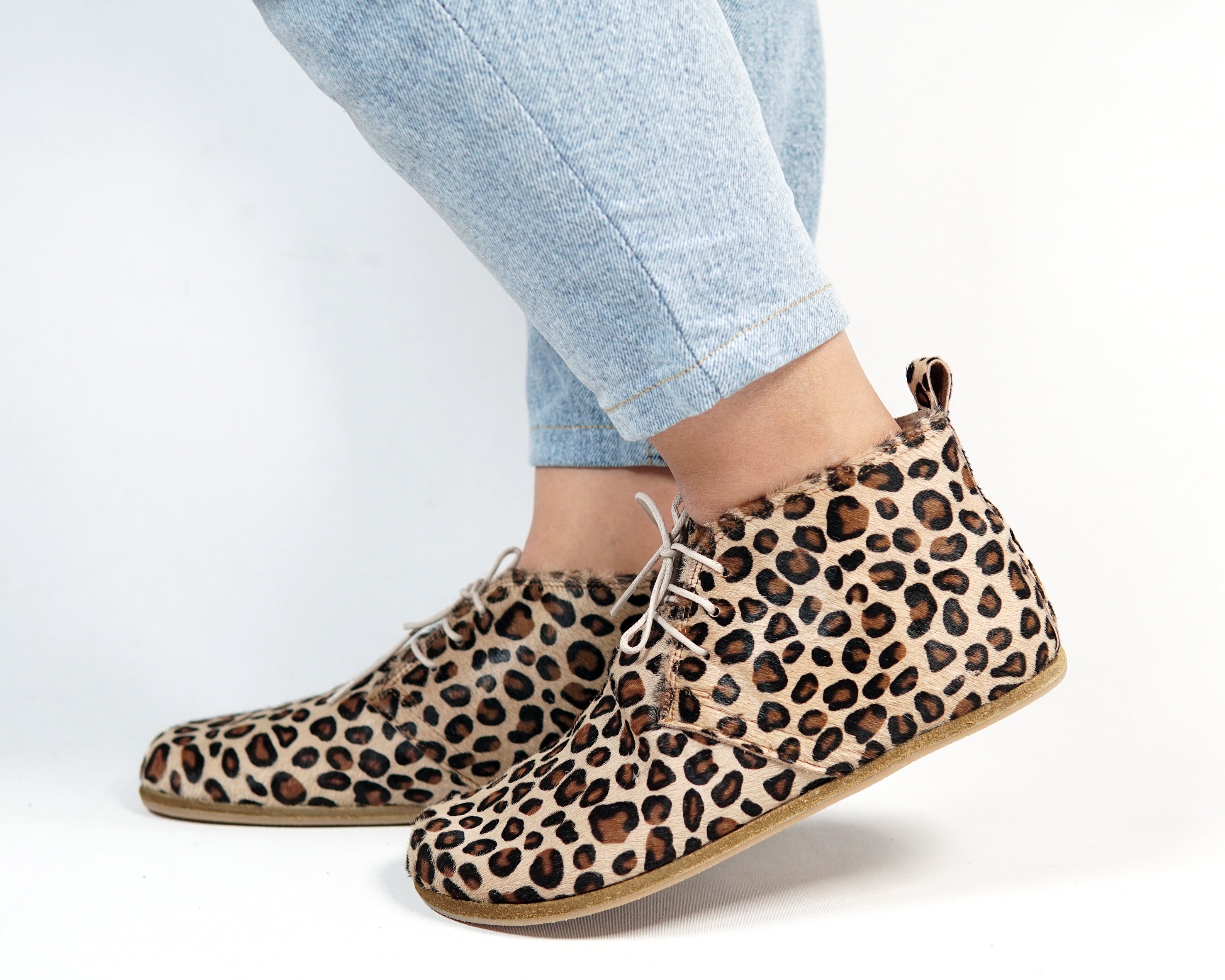 Leopard Ankle Boots Wide Barefoot Smooth Leather Handmade Shoes