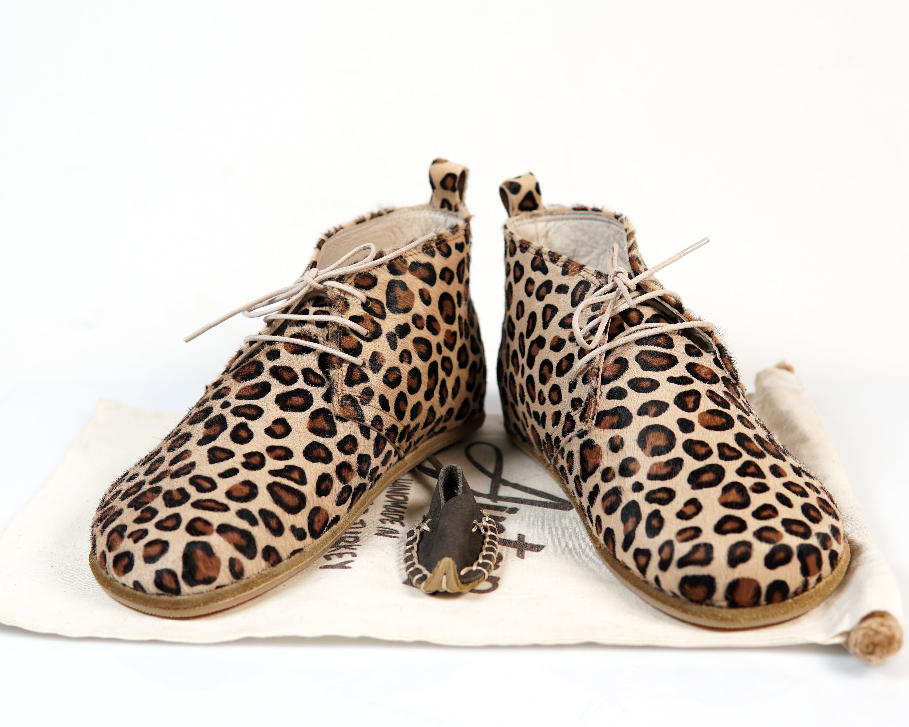 Leopard Ankle Boots Wide Barefoot Smooth Leather Handmade Shoes