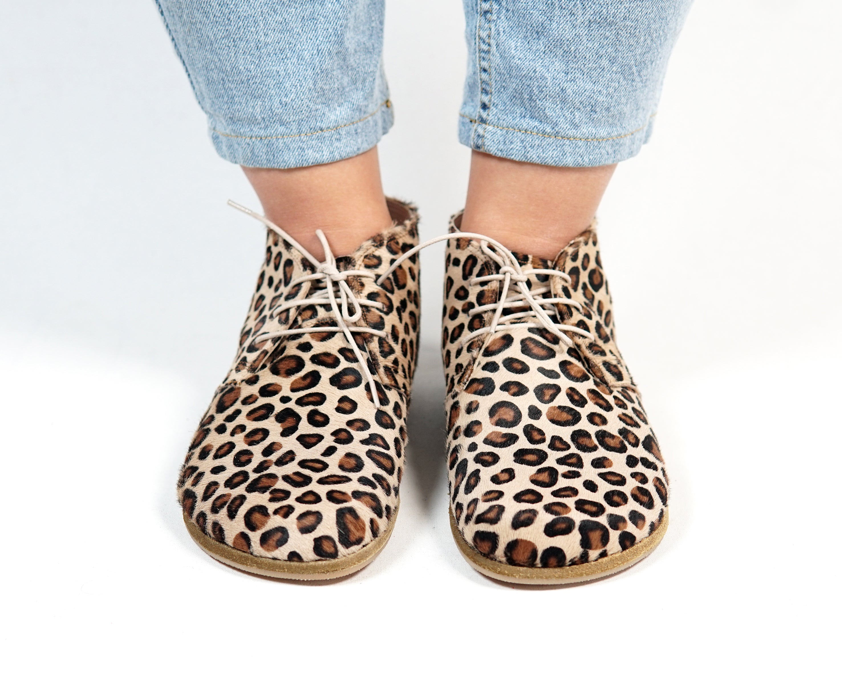 Leopard Ankle Boots Wide Barefoot Smooth Leather Handmade Shoes