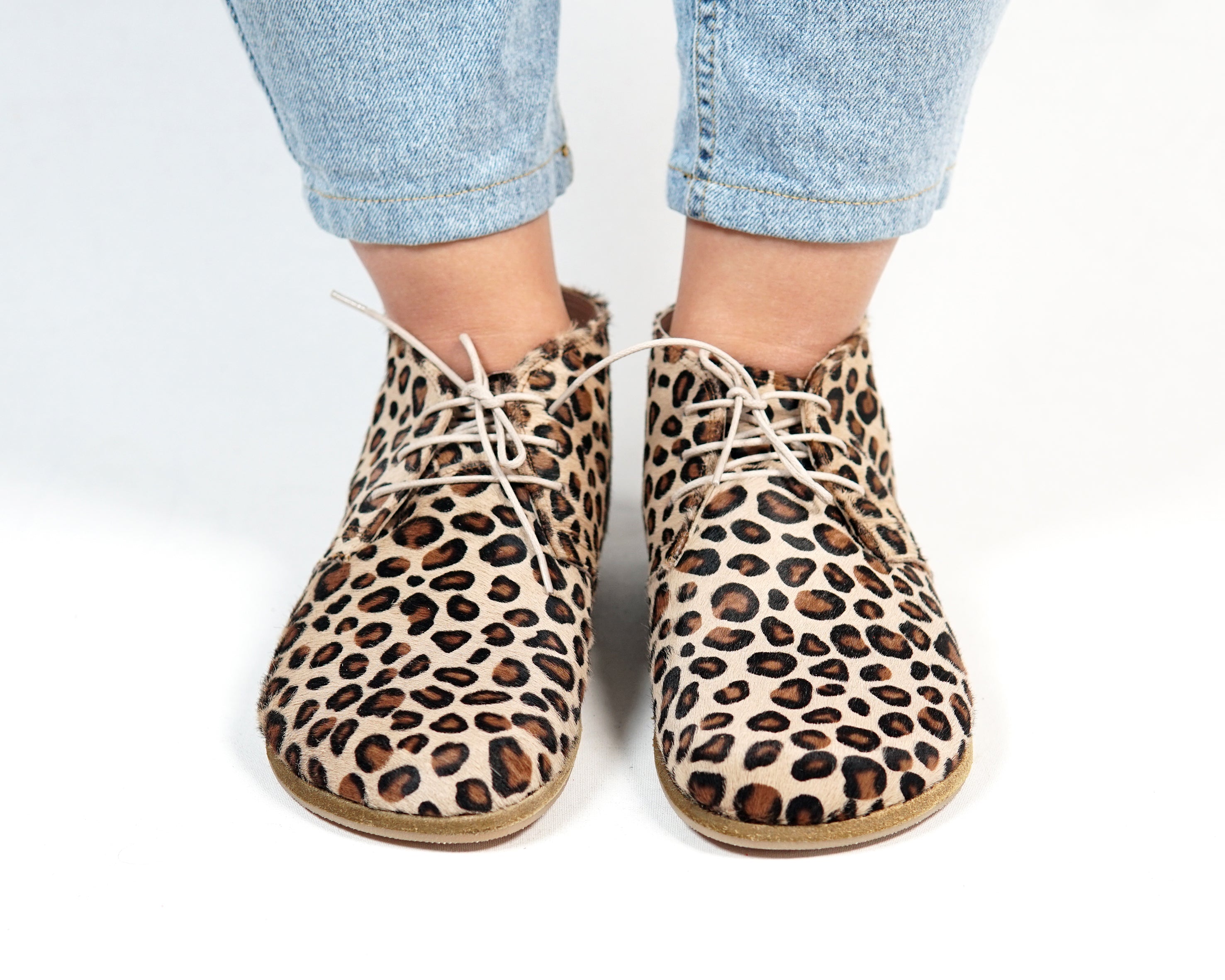 Leopard Ankle Boots Wide Barefoot Smooth Leather Handmade Shoes 