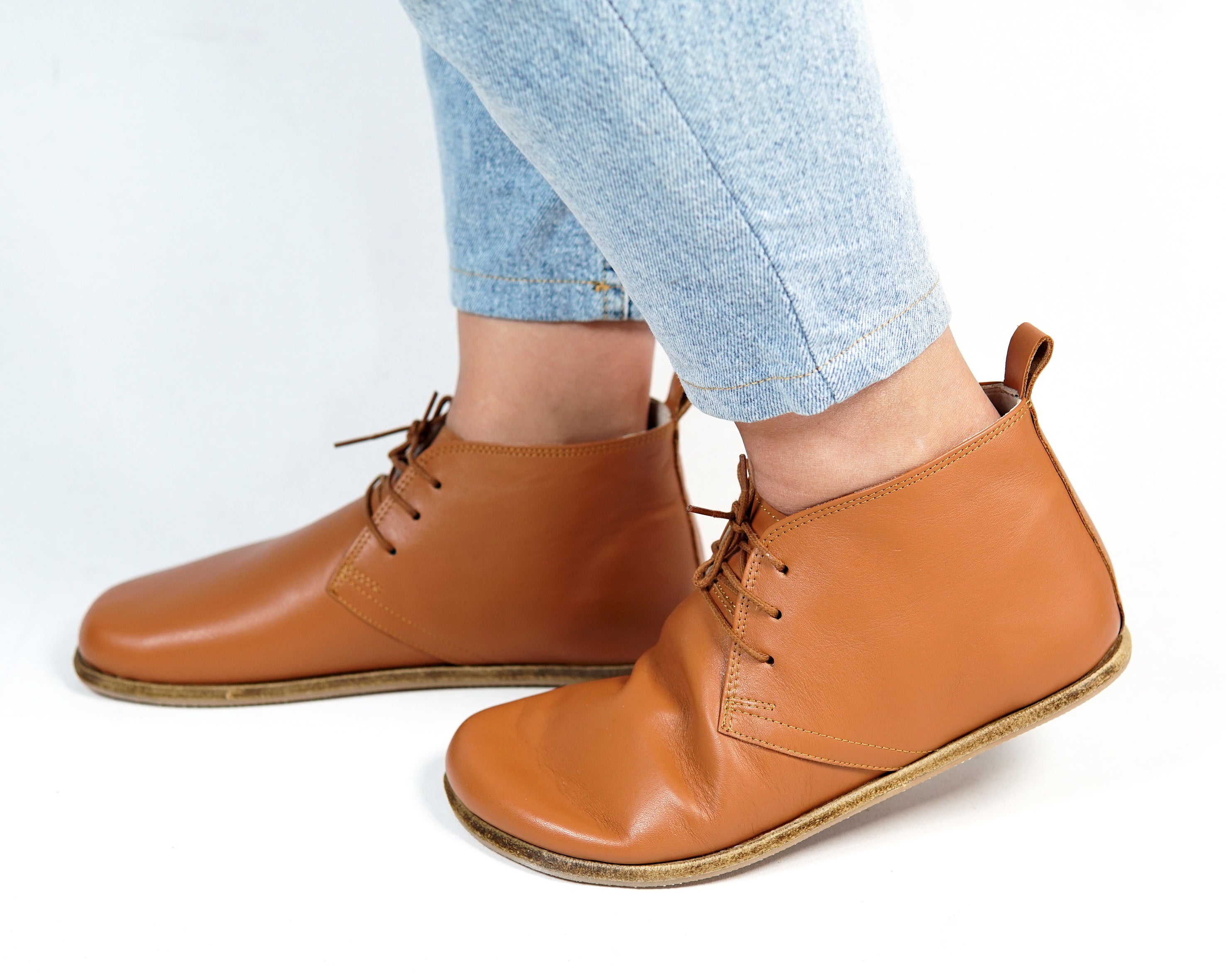 Tan Ankle Boots Wide Barefoot Smooth Leather Handmade Shoes 