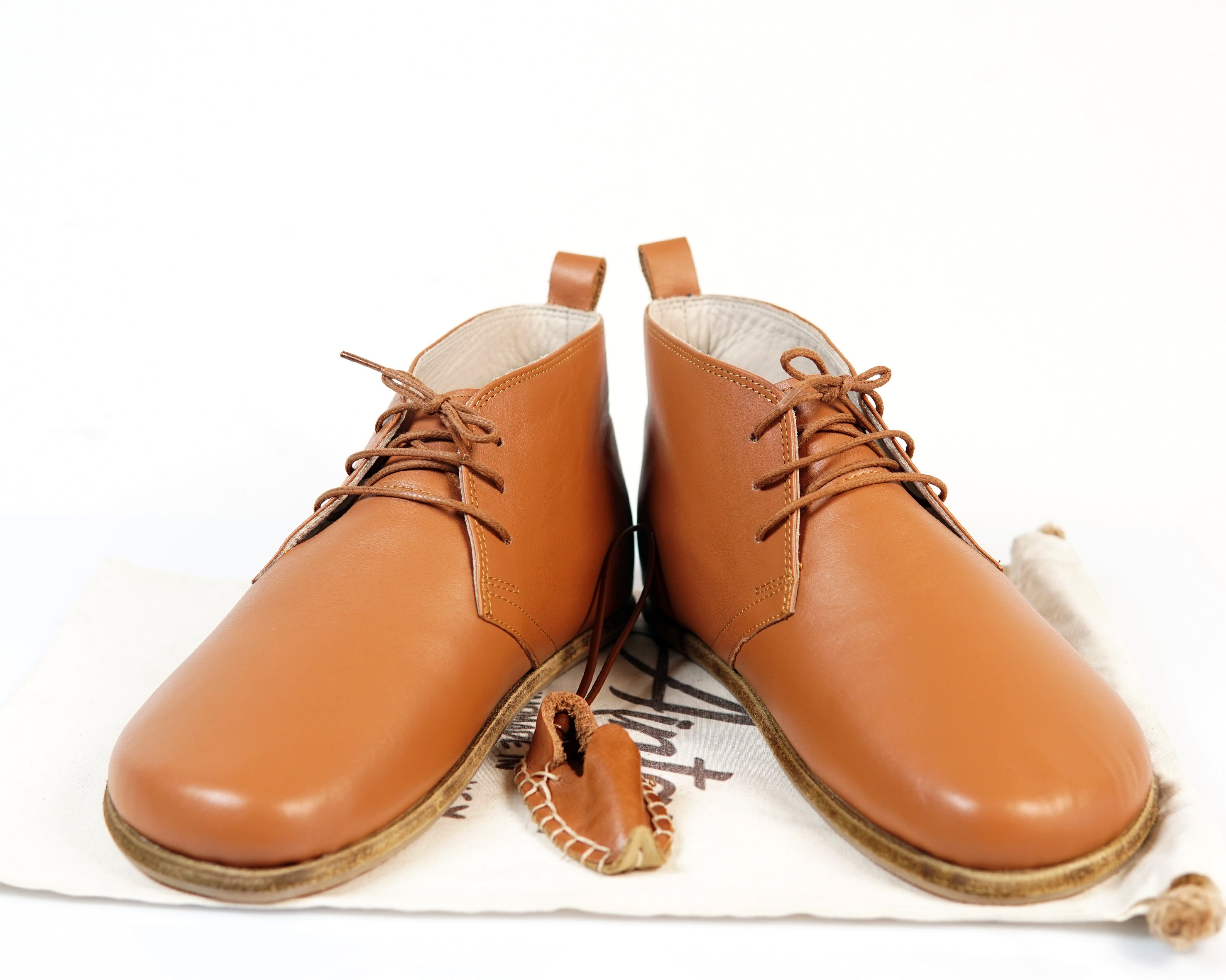 Tan Ankle Boots Wide Barefoot Smooth Leather Handmade Shoes 